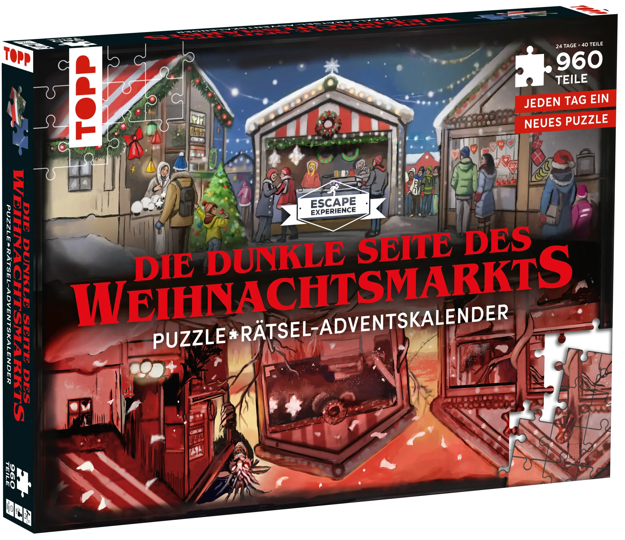 In diesem Adventskalender warten 24 kleine Puzzle auf dich! Erkunde den düsteren Weihnachtsmarkt, kämpfe gegen wahnwitzige Wichtel und löse die Rätsel. Kannst du Weihnachten retten? Durch die 24 Schächtelchen mit Puzzlen und Rätseln wird bereits die Adventszeit zum Fest!Das erwartet dich:Puzzle-Adventskalenderan 24 Tagen jeweils 40 neue Puzzleteile - insgesamt 960 Teile!jedes fertige Bild enthält ein kniffliges Escape-Rätselausführliches Booklet mit Story, Hinweisen und LösungenSpieldauer: ca 10 Minuten pro TagAltersempfehlung: ab 10 Jahren