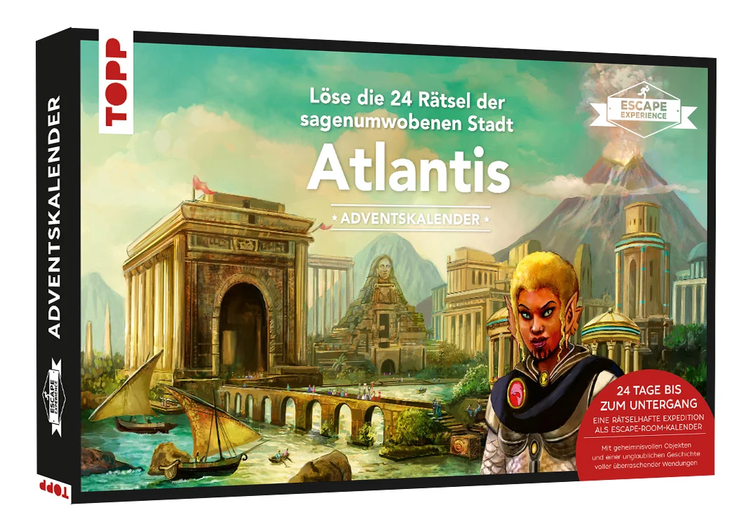 Löse 24 Rätsel, um die Expedition nach Atlantis anzutreten und das Geheimnis der versunkenen Stadt zu lüften. Nur die richtige Lösung zeigt dir, welches Türchen als nächstes zu öffnen ist. Freue dich auf mysteriöse Objekte, eine spannende Geschichte und überraschende Offenbarungen. Mit Online-Anbindung für Rätsel und Lösungen. Kannst du die Rätsel von Atlantis lüften, bevor die legendäre Stadt wieder im Meer versinkt?Spielende: 1 bis 4Dauer: 24 TürchenAlter: 10+ Jahre
