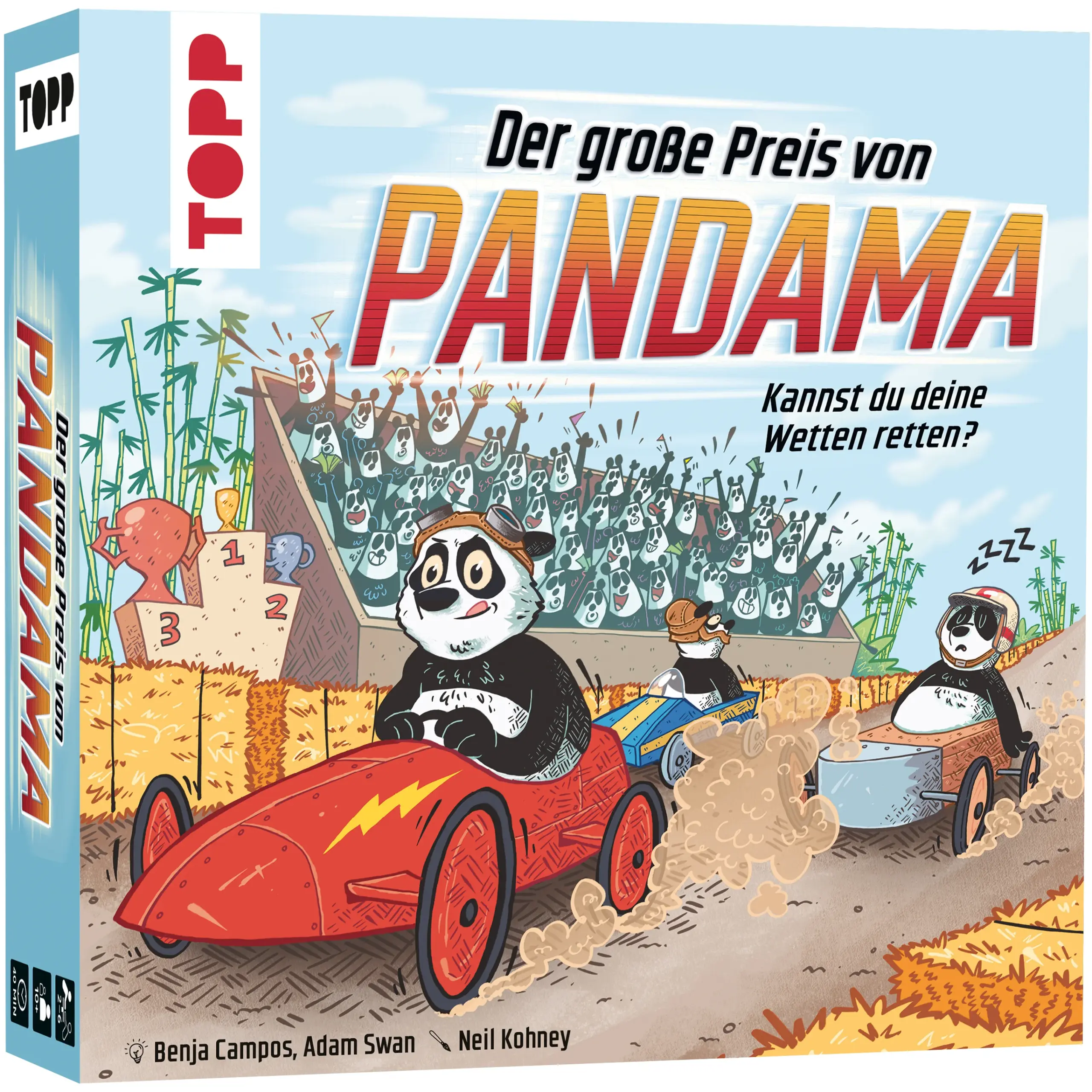 Wetten platzieren, Rennen fahren, Preisgelder kassieren!Bei den Seifenkistenrennen in Pandama ist nicht alles schwarz oder weiß – und nicht immer ist der erste Platz auch der lukrativste! Und alle manipulieren, was das Zeug hält, um ihren geheimen Favoriten auf die richtige Position zu bringen ... Schon beim Platzieren deiner Wetten musst du dich entscheiden: Setzt du deine besten Karten, um am Ende einen großen Reibach zu machen, fehlen dir diese Karten, um das Rennen zu deinen Gunsten zu beeinflussen. Bist du aber zu vorsichtig, schnappen dir die anderen die besten Preise weg. Über fünf Rennen musst du dich beweisen. Wer wettet am cleversten?Inhalt:1 Spielplan6 Panda-Meeple98 Spielkarten7 Pappmarker1 AnleitungSpielprinzip: Zu Beginn eines Rennens wettet man mit einer Handkarte verdeckt auf den Sieg eines Pandas. Anschließend spielt man reihum Karten aus, um die Pandas in ihren Seifenkisten voranzuziehen. Auf jeden Panda kann nur eine bestimmte Anzahl Karten ausgespielt werden, sodass man sich entscheiden muss, ob man den eigenen Favoriten voranbringt oder die Konkurrenz ausbremst. Gewinnt der eigene Panda, bekommt man seine gewettete arte als Prämie. So muss man sorgfältig abwägen, ob man eine hohe Karte setzt, um viele Punkte zu bekommen, die einem aber anschließend im Rennen fehlt. Wer nach fünf Rennen die meisten Punkte erzielt hat, gewinnt das Spiel.2–6 Personen | ab 8 Jahren | 30–40 Minuten