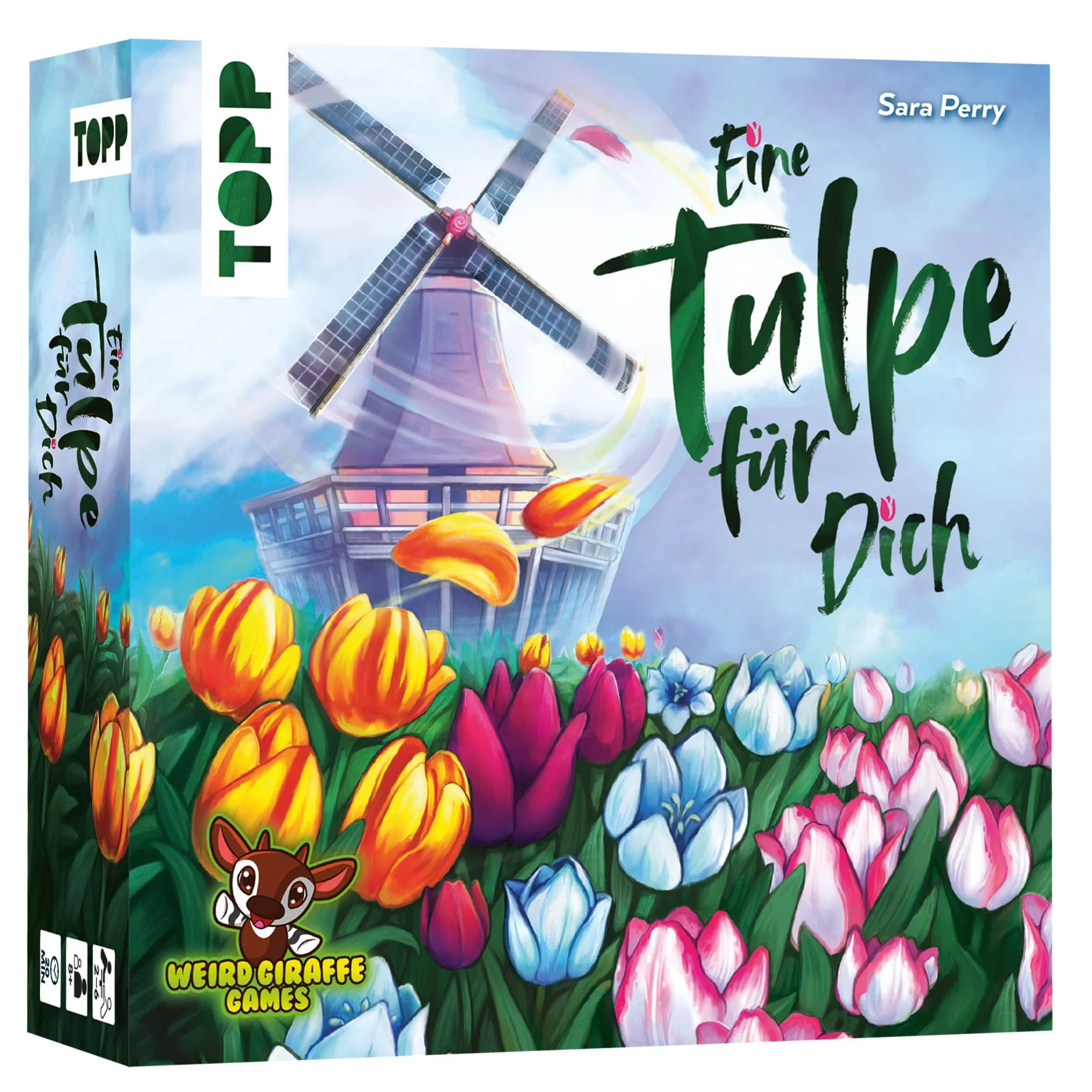 Hast du ein glückliches Händchen und einen grünen Daumen?In diesem Kartenspiel geht es darum, Blumen zu verschenken und bunte Sträuße zu binden. Beim farbenfrohen Tulpenfest von Amsterdam geht niemand leer aus! Durch einfache Regeln und schnellen Spielfluss kommt nie Langeweile auf, während du die besten und wertvollsten Karten sammelst, anlegst oder auch einfach verschenkst. Richtig gelesen, in diesem Spiel wird Freundlichkeit noch belohnt! Wenn du Großzügigkeit und Taktik kombinierst (und ein Quäntchen Glück auf deiner Seite hast), winkt deinem Strauß beim Tulpenfest der erste Preis.Ob Spiele-Fan, Garten-Genießerin oder Holland-Kenner: Ein Tulpe für Dich ist ein unterhaltsames Geschenk, das allen Freude macht!Inhalt110 Karten6 Spielfiguren2 Wertungstafeln1 AnleitungSpielprinzip: Von einem Kartenstapel zieht man zwei Tulpenkarten und muss zwei von drei Aktionen ausführen:eine Tulpe vor sich auslegen, um am Ende den prächtigsten Tulpenstrauß zu habenden Marktwert der verschiedenen Tulpensorten beeinflusseneine Tulpe verschenken, um sofort Punkte zu bekommen.Wer die drei Aktionen am geschicktesten aufeinander abstimmt und die meisten Punkte sammelt, gewinnt das Spiel. 2–6 Personen | Ab 8 Jahren | 20 Minuten Spielzeit
