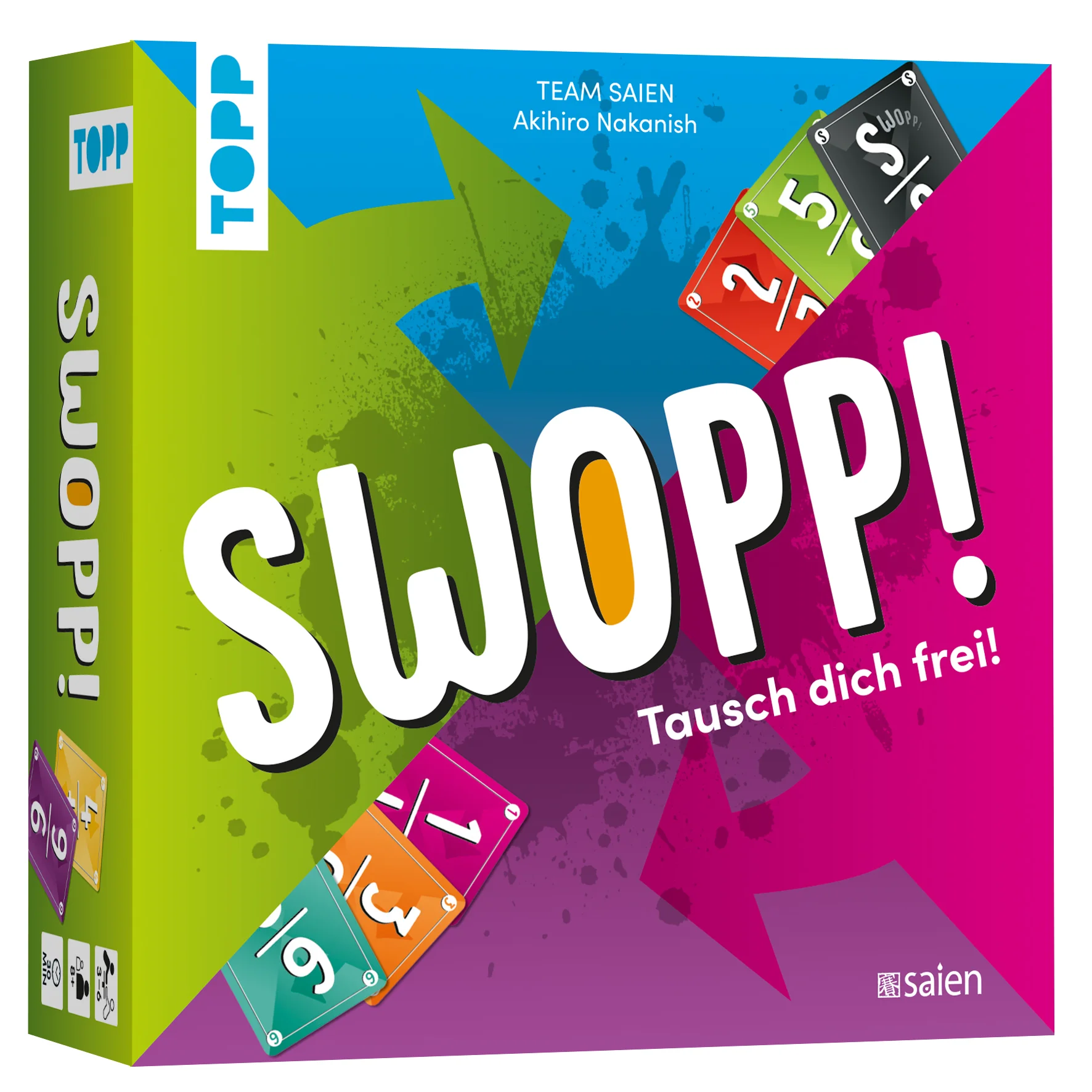 Tausche deine Karten, bis du keine mehr übrig hast!Weniger ist mehr! Niedrig schlägt hoch und wer als erstes aus dem Spiel ist, macht oft die meisten Punkte. Aber so leicht wirst du deine Karten nicht los: Denn immer, wenn du Karten legst, musst du die schon ausliegenden auf die Hand nehmen! Wer tauscht sein Blatt am cleversten weg?Inhalt:66 Spielkarten6 Passe-Marker1 AnleitungSpielprinzip:Runde für Runde tauschst du die Karten auf dem Tisch gegen deine stärkeren Handkarten ein. Wenn niemand mehr deine Karten eintauschen kann, kassierst du sie als Punkte. Schaffst du es, alle deine Karten wegzutauschen, darfst du sogar die lästigen SWOPP!-Karten zu deinen Punkten hinzuzählen. Wer nach drei Durchgängen am erfolgreichsten getauscht hat, gewinnt!3–6 Personen | ab 8 Jahren | 30 Minuten