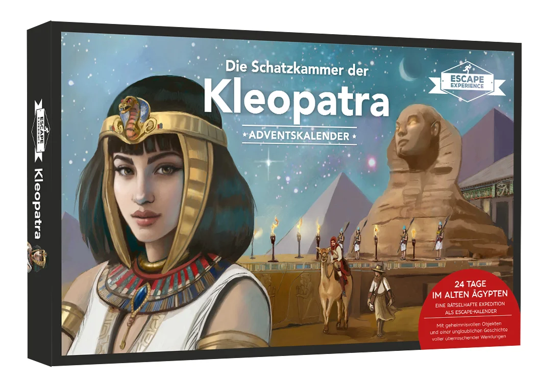 24 Tage Zeit, um den Schatz der Pharaonin zu finden! In dieser Adventszeit erwartet euch ein wahrhaft legendäres Escape-Room-Erlebnis! Löst 24 Rätsel, um eure Expedition durch die Wüste Ägyptens anzuführen und das Geheimnis der sagenumwobenen Königin zu lüften! Nur die richtige Lösung zeigt euch, welches Türchen als nächstes zu öffnen ist. Freut euch auf mysteriöse Artefakte, eine spannende Geschichte und überraschende Offenbarungen. Mit Online-Hilfe für Rätsel und Lösungen. Könnt ihr Kleopatras Aufgaben bestehen, oder wird die rätselhafte Sphinx ihr Geheimnis bewahren?1–4 Personen | Ab 10 Jahren | Spieldauer: 24 Türchen