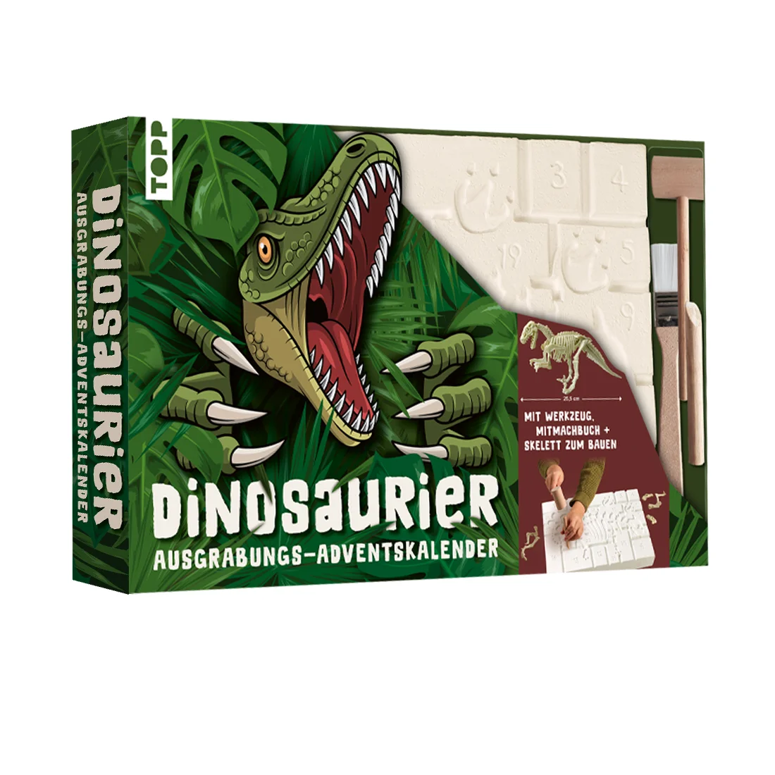 Dieser coole Adventskalender lässt deine Vorweihnachtszeit zu einem aufregenden Abenteuer werden. Werde selbst zum Paläontologen: Grabe mit dem beiliegenden Werkzeug jeden Tag einen Schatz aus, bearbeite die große Platte mit Hammer und Meißel und lege Stück für Stück dein Dino-Skelett frei. Im beiliegenden Mitmachbuch gibt es spannendes Wissen über Dinosaurier, tolle Rätselseiten und coole Ausmalbilder.ACHTUNG SPOILER!Das erwartet dich:Mitmachbuch mit 48 SeitenHolzmeißel, Holzhammer und PinselDinosaurier-Skelett zum Zusammenbauen (11 Teile)6 kleine Dinosaurier-Figuren4 Dinosaurier-Eier2 GlassteineDinosaurier-Zahn