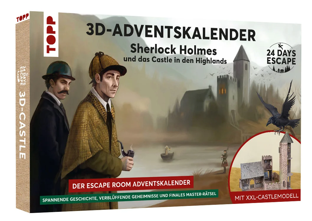 Sherlock Holmes und John Watson wurden eingeladen, um sich auf die Suche nach einem lange verschollenen Familienschatz zu machen. Einen ungeklärten Fall lässt sich der berühmte Detektiv natürlich nicht entgehen und hat sich auf die Reise nach Schottland begeben. Ein großes Rätsel-Abenteuer wartet auf dich in den schottischen Highlands! Kannst du Sherlock helfen, das Geheimnis zu lüften? Der 24 DAYS ESCAPE Adventskalender sorgt nicht nur bei Holmes-Fans für eine spannende Weihnachtszeit.Das erwartet dich:erlebe eine spannende Krimi-Geschichte und erkunde alle Geheimnisse des schottischen Schlosses beeindruckendes 3D-Modellknifflige Rätsel hinter jedem der 24 Türchenjedes Türchen verwandelt das Schloss in deinen Escape Roomgroßes Masterrätsel am 24. DezemberKannst du in 24 Tagen beweisen, dass du mit dem Meisterdetektiv Schritt halten kannst? Der Rätsel-Adventskalender für die ganze Familie | Ab 10 Jahren