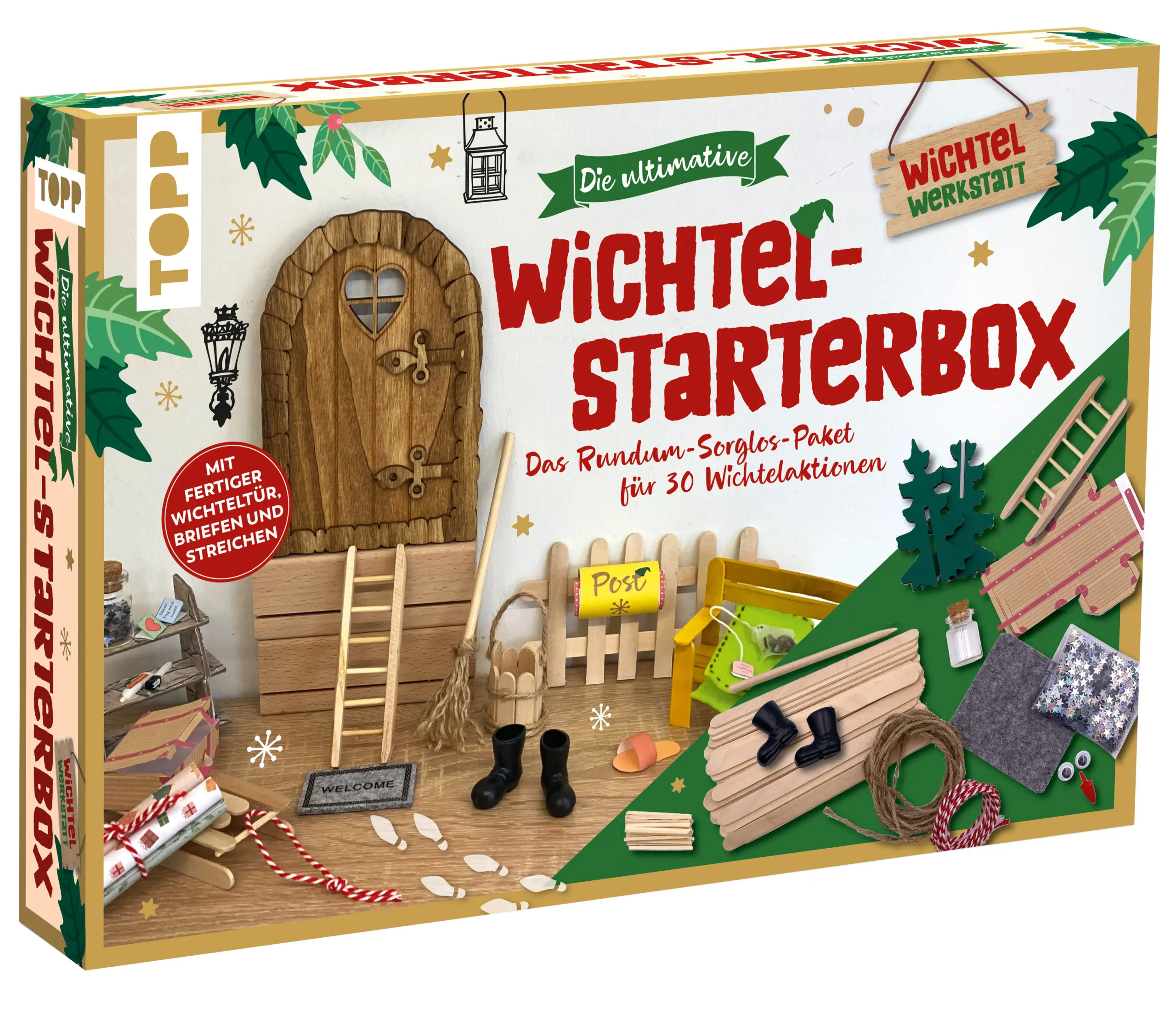 Die umfangreiche Box bietet alles, was du für eine bezaubernde Wichteltradition brauchst:Anleitungsbuch mit Planer: Anleitungen für die perfekte Wichteltradition. Ein Planer, um alle wichtigen Termine und Ideen festzuhalten.Inspirationen und Bastelideen: Lustige Streichideen und kreative Vorlagen für die Gestaltung deiner WichtelweltWichteltür und Accessoires: Verleihe deinem Wichtel einen eigenen magischen Eingang. Mit dem passenden Material zur Umsetzung gelingt dir im Nu eine zauberhafte Atmosphäre.Wichtelbriefpapier: Gestalte persönliche Botschaften auf hübschen Briefpapieren.Das erwartet dich: Anleitungsbuch mit 32 SeitenFertige Wichteltür mit verschiedenen AccessoiresWichtelbriefpapier