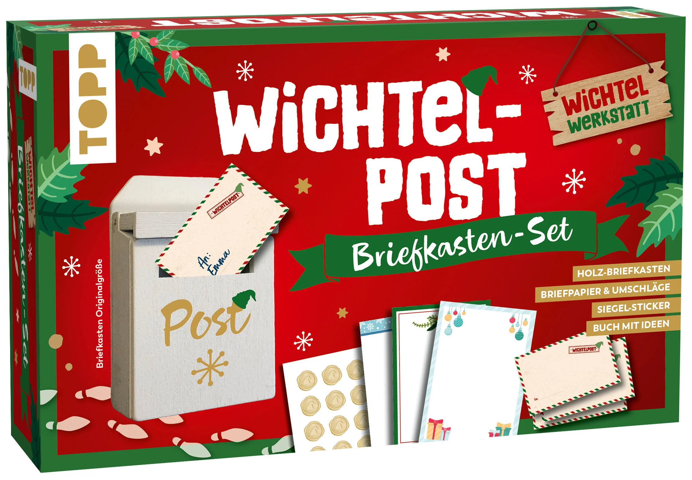 Entdecke die Magie des Wichtelns mit der Wichtelwerkstatt zum sofort Loslegen!Mini-Briefpapier zum Beschreiben: Verleihe deinen Wichtelbotschaften eine persönliche Note mit dem entzückenden Mini-Briefpapier.Fertiger Mini-Briefkasten für den Wichtel: Bereit zum Aufstellen und Briefe verschicken.Zauberhafte Siegelsticker:Verschließe deine Wichtelpost mit Stil! Die Siegelsticker verleihen deinen Briefen eine besondere Note und geben den Briefen das gewisse Etwas.Wundervolle Brief-Vorlagen und -Ideen:Ob lustig, herzlich oder geheimnisvoll – in der kurzen Anleitung findest du Anregungen, um deine Wichtelbriefe unvergesslich zu gestalten.Das erwartet dich: Briefkasten aus Holz25 Briefpapiere 25 passende Briefumschläge25 SiegelstickerBuch mit Ideen und Briefvorlagen