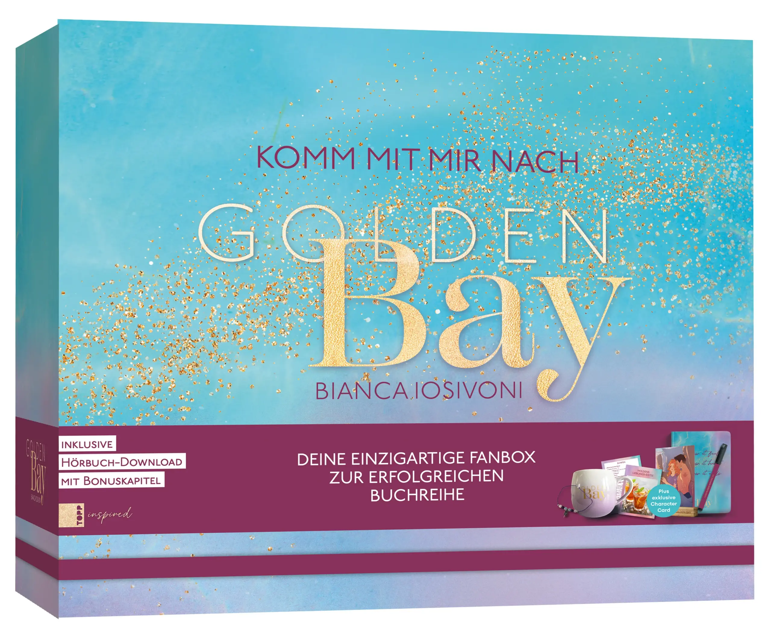 Diese offizielle Fanbox zur neuen Golden-Bay-Buchreihe ist ein absolutes Muss für alle Fans der Bestseller-Autorin Bianca Iosivoni. In der wunderschön gestalteten Box findest du hochwertige und einzigartige Produkte mit denen du dir das „Golden Bay