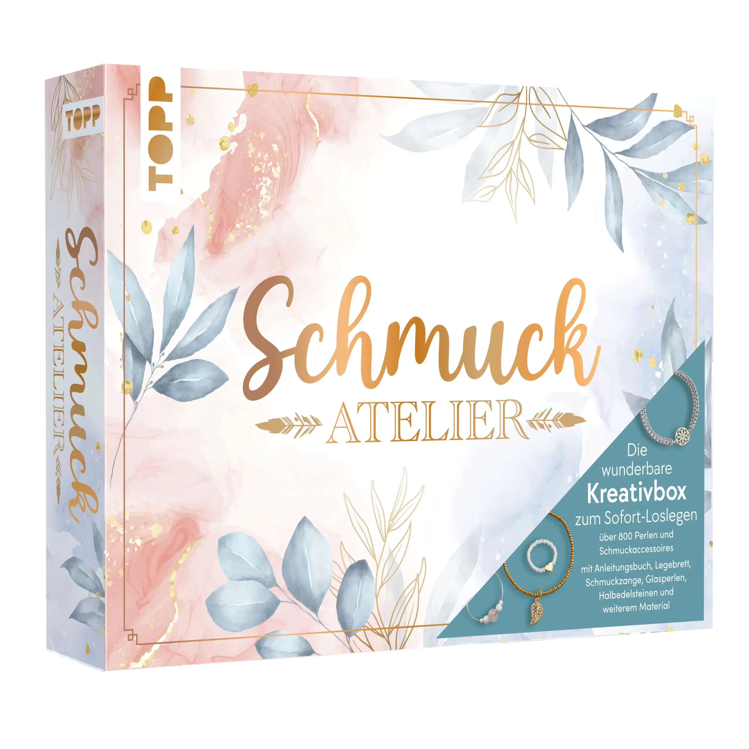 Schönen Schmuck jetzt auch zu Hause selber machenMit diesem Set bekommst du Werkzeug und Material für deine ersten 10 Schmuckstücke. Das Anleitungsbuch gibt dir wichtige Techniken und viele Anleitungen für weiteren Schmuck. Worauf wartest du noch? Gestalte deinen eigenen Schmuck!Das erwartet dich:Buch mit 32 SeitenFlachzangeBiegeringöffner (nickelfrei)2 PerlennadelnPerlenlegebrett30 Halbedelsteine750 Glasperlen in zwei Größen und verschiedenen Farbenverschiedene Anhänger und Verbinder (nickelfrei)Creolen (18k Beschichtung)Biegeringe, Verschlüsse, Kalotten, QuetschperlenElastikgarnGarn (100 % Acryl)