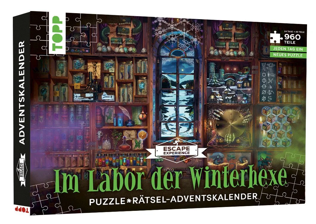 Puzzeln, Rätseln, Geheimnisse erkunden! Der Puzzle-Adventskalender für alle Escape-FansIn diesem Adventskalender warten 24 kleine Puzzle auf dich! Begib dich in das Labor der Winterhexe, erkunde ihr verwunschenes Bücherregal und löse die Rätsel. Durch die 24 Schächtelchen mit Puzzlen und Rätseln wird bereits die Adventszeit zum Fest!Das erwartet dich:Puzzle-Adventskalender mit 960 Teilenan 24 Tagen jeweils 40 neue Puzzleteilejedes fertige Bild enthält ein kniffliges Escape-Rätselausführliches Booklet mit Story, Hinweisen und LösungenSpieldauer: ca. 10 Minuten pro TagAltersempfehlung: ab 10 Jahren