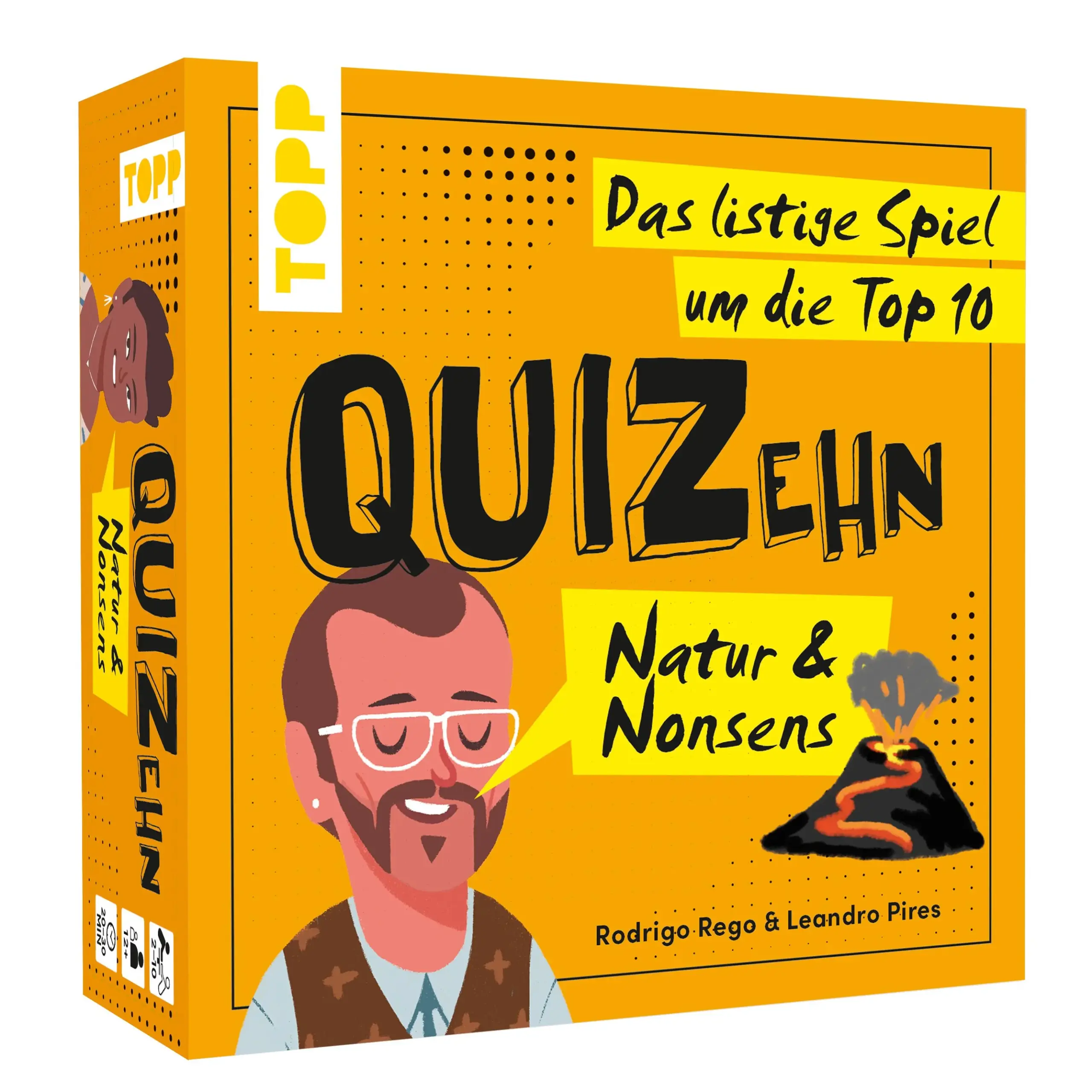 Wissen, bluffen, zweifeln – wer hält am längsten durch?Auf jede Frage gibt es zehn richtige Antworten. Reihum nennt ihr eine – wenn dir keine mehr einfällt, solltest du dir das nicht anmerken lassen! Denn auch die anderen kochen nur mit Wasser!Inhalt:100 Fragekarten10 Charakterkarten1 AnleitungSpielprinzip:In jeder Runde wird eine Fragekarte vorgelesen, deren Antwort eine Top-Ten-Liste ist. Reihum müssen alle je eine Antwort aus dieser Top Ten nennen. Wenn man nichts mehr weiß, kann man passen und aus der Runde aussteigen – oder bluffen. Wer eine Antwort erfolgreich anzweifelt oder zuletzt übrig ist, erhält die Fragekarte als Punkt. Vier Punkte bedeuten den Sieg.2–10 Personen | ab 12 Jahren