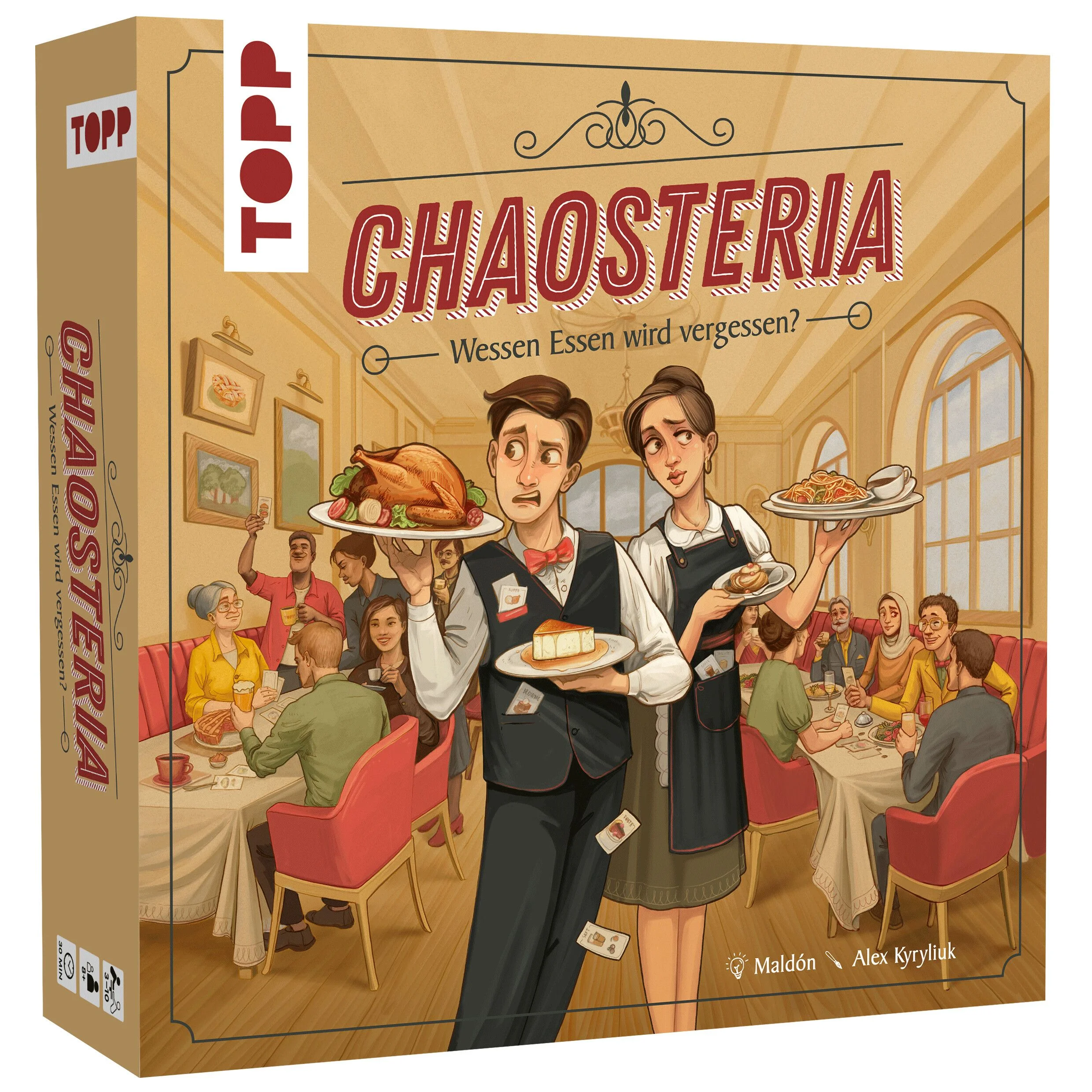 Die Chaosteria hat geöffnet!Heute ist dein erster Arbeitstag und die Bestellungen kommen Schlag auf Schlag: Bruschetta mit Oliven, Gemüseravioli mitRahmspinat, dazu ein Getränk und am Schluss noch das Dessert. Und das war nur der erste Gast ... wer soll sich das bitte alles merken?Chaosteria ist ein Partyspiel, bei dem wirklich jede Karte zählt. Lass alle nicht bestellten Gerichte zurückgehen und serviere den anderen genau das, was sie bestellt haben. Und pass dazu noch auf, dass deine eigene Bestellung nicht verloren geht, denn sonst guckst du am Ende in die Röhre. Aber was tun, wenn die anderen dabei sind einen Fehler zu machen? Ganz klar: Hau auf die Klingel und sorg dafür, dass alles an die richtige Stelle geht! So hast du am Ende die Nase vorn und wirst Servicekraft des Tages.Inhalt:100 Karten (50 Gerichte, 50 Bestellungen)20 BeschwerdemarkerEchte Klingel aus MetallPräge dir gut ein, was bestellt wurde und pass auf, dass deine eigene Bestellung dabei nicht verloren geht. Wenn dann die Gerichte aus der Küche kommen, heißt es: Servieren oder zurückgehen lassen. Und hoffen, dass niemand die Beschwerde-Klingel läutet!Spielprinzip:Chaosteria ist ein kulinarisches Partyspiel. Zu Beginn liest jede Person ihre eigenen 5 Bestellungen vor, die sie im Laufe des Spiels serviert bekommen will. Dann werden alle Karten verdeckt und schon kann es losgehen. In der Küche tauchen nun am laufenden Band Gerichte auf, sogar solche, die gar niemand bestellt hat. Wer an der Reihe ist, muss für eins der Gerichte in der Küche entscheiden: Servieren oder Zurückgehen lassen. Alle andere beobachten das mit Argusaugen. Denn wer einen Fehler bemerkt, darf klingeln und dann selber die Punkte einheimsen. Wer hat am Ende die Nase vorn und wird Servicekraft des Tages?3–10 Personen | ab 8 Jahren | Spieldauer: 30 Minuten