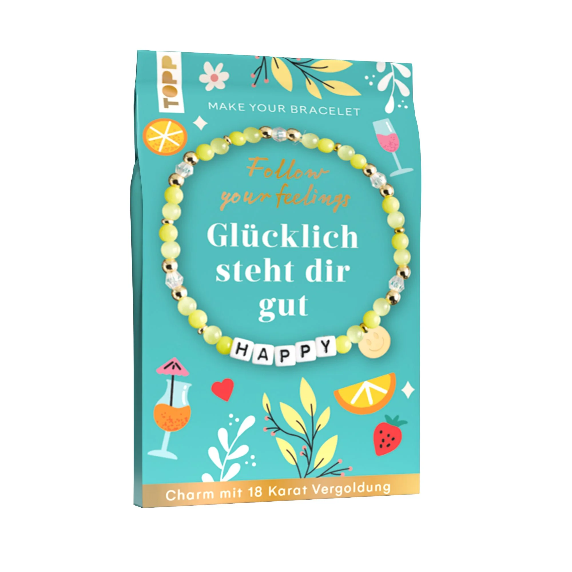 Schmuckset Happy – Glücklich steht dir gutWelches Gefühl begleitet dich gerade? Mit diesem DIY-Schmuckset gestaltest du dein persönliches Stimmungs-Armband – passend zu deiner Emotion und im Handumdrehen selbst gemacht!Trage dein Armband als täglichen Begleiter oder verschenke es an einen besonderen Menschen. Den passenden Motivationsspruch gibt es gleich dazu: Auf der gestalteten Geschenkkarte wartet eine inspirierende Botschaft auf dich oder deinen Lieblingsmenschen. Egal, ob für dich selbst oder als Geschenk: Einfach die Perlen auffädeln und dein Armband voller Bedeutung kreieren!Das erwartet dich:Glasperlen für ein Armband vergoldeter Charm, wasserfest & langlebigElastikgarn für flexiblen Tragekomfortgestaltete Geschenkkarte mit inspirierendem Spruch