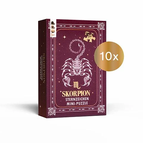 Astrologie Mini-Puzzles – Dein Sternzeichen als Puzzle-Erlebnis!Funkelnde Sterne und mystische Sternzeichen: Tauche ein in die faszinierende Welt der Astrologie! Dieses zauberhafte Mini-Puzzle bringt das Sternzeichen Skorpion als funkelndes Puzzle-Motiv direkt zu dir nach Hause. Dieses Tierkreiszeichen findest du hier als liebevoll gestaltetes 50-Teile-Puzzle – ideal für eine kurze, entspannende Auszeit. Perfekt für kleine und große Astrologie-Fans, Puzzle-Liebhaber:innen und alle, die ein einzigartiges Geschenk mit persönlicher Note suchen.