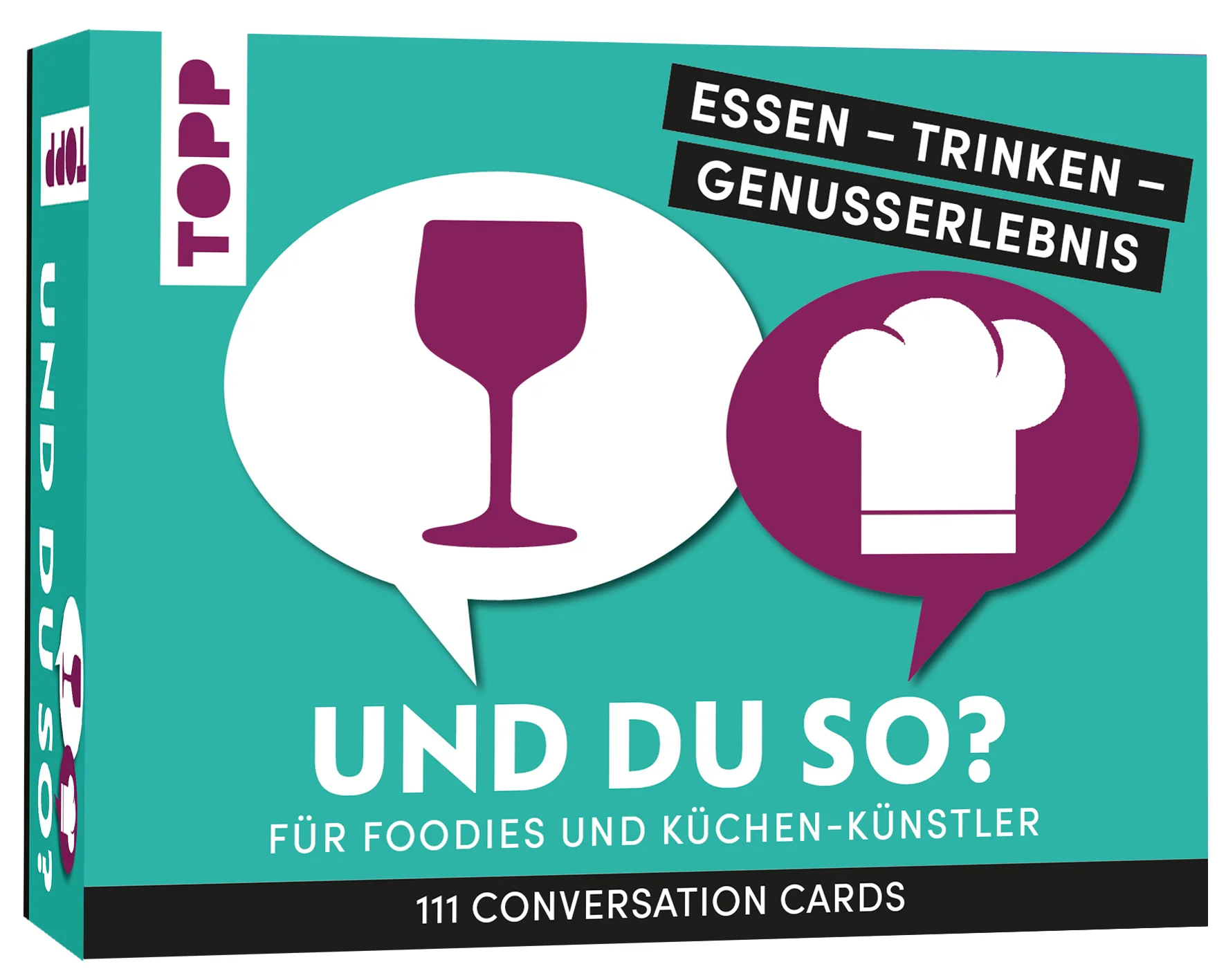 Die Fragebox für unterhaltsame Abende: 111 Fragen rund um Essen, Trinken und Genusserlebnisse!Mit dieser Box wird jedes Get-Together zum garantierten Erfolg: Ob Zusammenkommen mit Freunden, Datenight, Vereinstreffen oder Team-Building in der Firma – Mit den lustigen, kreativen und originellen Fragen sind diese Gesprächskarten ideal, um das Eis zu brechen und jede Unterhaltung in Schwung zu bringen.Die Fragen sorgen garantiert für gute Laune und unvergessliche Gespräche. Die spannenden Fakten, Statistiken und Infos im Booklet überraschen, amüsieren und bieten weitere Gesprächsanregungen, um die Stimmung zu heben. Die beigelegten Modus-Karten sorgen für mehr Abwechslung: Wählt selbst, wer die Frage beantwortet, oder lasst die Modus-Karten per Zufall entscheiden.Dank der vier Fragekategorien lassen sich je nach Anlass schnell die passenden Fragen auswählen: Team A oder B: Findet Gemeinsamkeiten und tauscht Vorlieben ausErzähl mal: Erfahrt mehr übereinander und teilt eure Erlebnisse Stell dir vor: Testet eure Kreativität und kreiert verrückte TraumweltenWas fällt dir ein zu: Seid spontan und werdet eure Geschichte losGeeignet für: Alle, die gerne lachen, sich austauschen und neue Leute kennenlernen möchten.Freundesgruppen, die sich schon lange kennen und trotzdem noch Neues übereinander erfahren möchten.Neue Bekanntschaften, die sich nicht nur über das Wetter unterhalten möchten.Das erwartet euch: 111 Fragen rund um Essen, Trinken und GenusserlebnisseEinzigartige Gesprächsmomente 4 verschiedene Fragekategorien6 verschiedene Modus-KartenBooklet mit spannenden Fakten, Statistiken und Infos zu den einzelnen FragenAlso schnappt euch die Kartenbox, lernt euch besser kennen und sammelt unvergessliche Erinnerungen voller Lachen, Spaß und neuer Entdeckungen! 