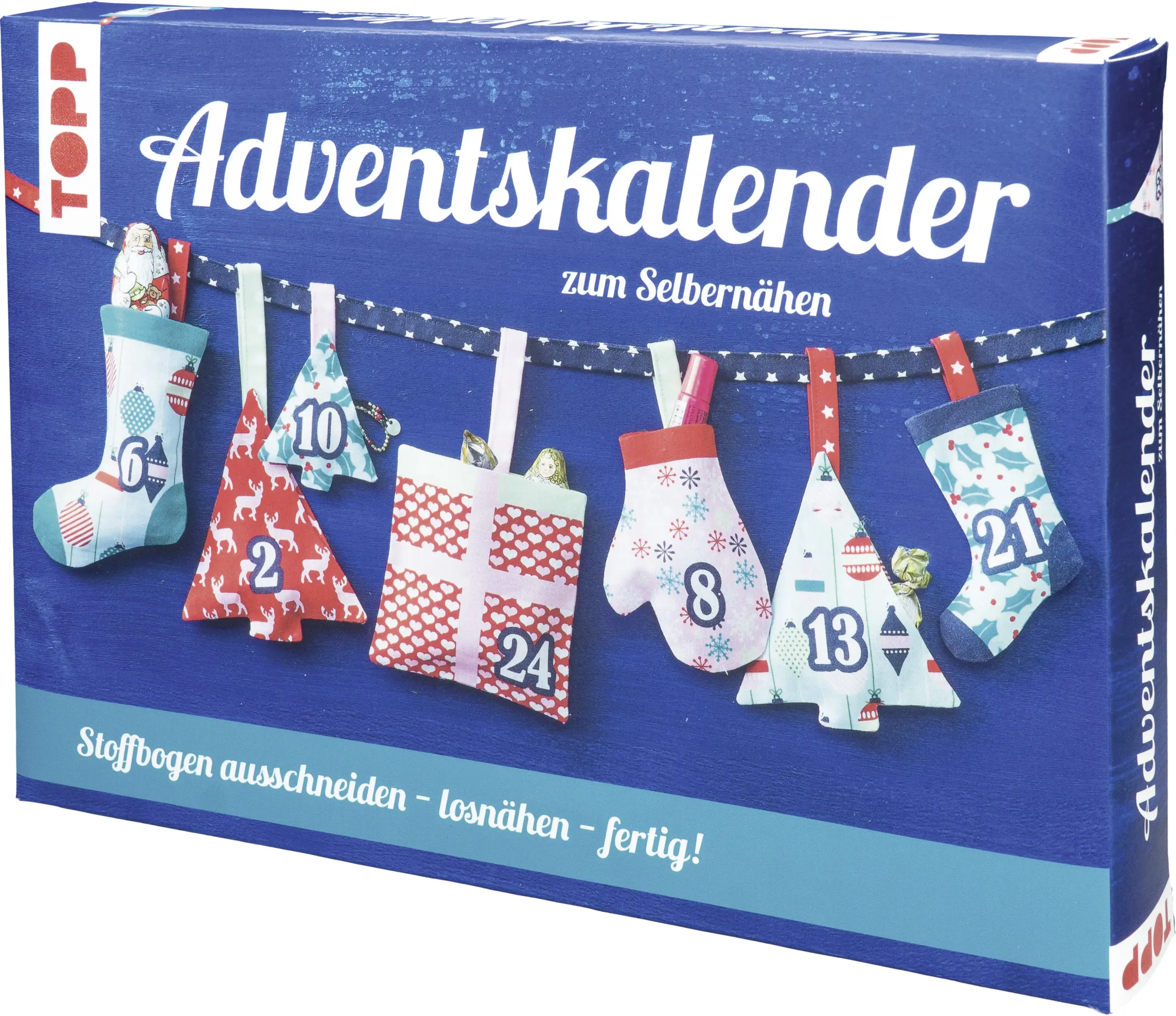 Adventskalender zum Selbermachen! Nähen Sie Ihren Liebsten mit diesem Komplett-Set schnell und einfach einen persönlichen Adventskalender zum Befüllen. Die 24 Säckchen und das Band zum Aufhängen sind bereits auf den Stoffbogen (100% Baumwolle) gedruckt. Schneiden Sie nur noch alles aus und nähen Sie sofort los ganz ohne übertragen. Die fertigen Säckchen in Socken-, Handschuh-, Tannenbaum- und Geschenkform sind 7-14 cm groß für kleine Geschenkideen.