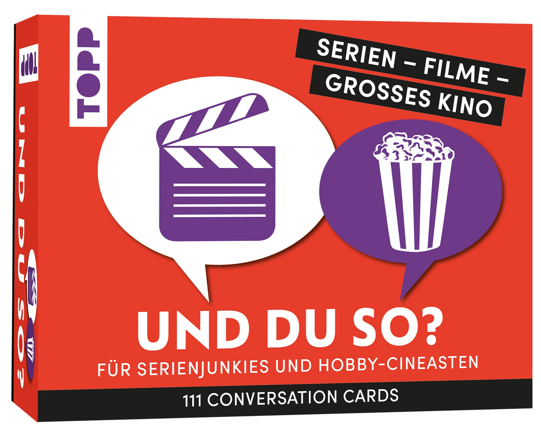 Die Fragebox für unterhaltsame Abende: 111 Fragen rund um Serien, Filme und großes Kino!Mit dieser Box wird jedes Get-Together zum garantierten Erfolg: Ob Zusammenkommen mit Freunden, Datenight, Vereinstreffen oder Team-Building in der Firma – Mit den lustigen, kreativen und originellen Fragen sind diese Gesprächskarten ideal, um das Eis zu brechen und jede Unterhaltung in Schwung zu bringen.Die Fragen sorgen garantiert für gute Laune und unvergessliche Gespräche. Die spannenden Fakten, Statistiken und Infos im Booklet überraschen, amüsieren und bieten weitere Gesprächsanregungen, um die Stimmung zu heben. Die beigelegten Modus-Karten sorgen für mehr Abwechslung: Wählt selbst, wer die Frage beantwortet, oder lasst die Modus-Karten per Zufall entscheiden.Dank der vier Fragekategorien lassen sich je nach Anlass schnell die passenden Fragen auswählen: Team A oder B: Findet Gemeinsamkeiten und tauscht Vorlieben ausErzähl mal: Erfahrt mehr übereinander und teilt eure Erlebnisse Stell dir vor: Testet eure Kreativität und kreiert verrückte TraumweltenWas fällt dir ein zu: Seid spontan und werdet eure Geschichte losGeeignet für: Alle, die gerne lachen, sich austauschen und neue Leute kennenlernen möchten.Freundesgruppen, die sich schon lange kennen und trotzdem noch Neues übereinander erfahren möchten.Neue Bekanntschaften, die sich nicht nur über das Wetter unterhalten möchten.Das erwartet euch: 111 Fragen rund um Serien, Filme und KinoerlebnisseEinzigartige Gesprächsmomente 4 verschiedene Fragekategorien6 verschiedene Modus-KartenBooklet mit spannenden Fakten, Statistiken und Infos zu den einzelnen FragenAlso schnappt euch die Kartenbox, lernt euch besser kennen und sammelt unvergessliche Erinnerungen voller Lachen, Spaß und neuer Entdeckungen! 