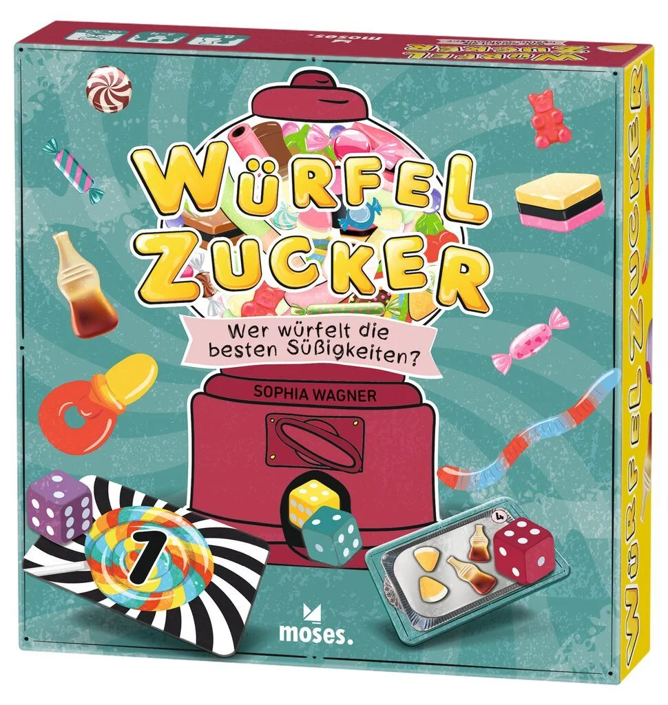 Wer würfelt die besten Süßigkeiten? Würfeln, Aufgaben erfüllen und andere übertrumpfen – all das bietet das kurzweilige Spiel Würfelzucker. Reihum würfeln die Spieler*innen, um ihre Würfelaufgaben zu erfüllen – beispielsweise ein Pasch oder ein Full House. Der Clou: Wer die Aufgaben besser erfüllt, kann die anderen Spieler*innen verdrängen. Ärgerfaktor inklusive! Der leichte Spieleinstieg sorgt für direkten Spielspaß und die ansprechend gestalteten Karten machen Lust auf Süßes – und auf noch eine Partie. So wird's gespielt: - Reihum würfeln alle, um die ausliegenden Würfelaufgaben zu erfüllen. Gefragt ist zum Beispiel ein Pasch, 4 verschiedene Augenzahlen oder ein Full House. - Wer die Würfelaufgaben jedoch besser löst, kann die anderen Spielenden verdrängen! - Punkte erhält nur die Person, die in ihrem nächsten Zug noch Würfel auf den Aufgaben liegen hat. - Mit etwas Würfelglück und den Jokern gibt es die meisten Punkte.