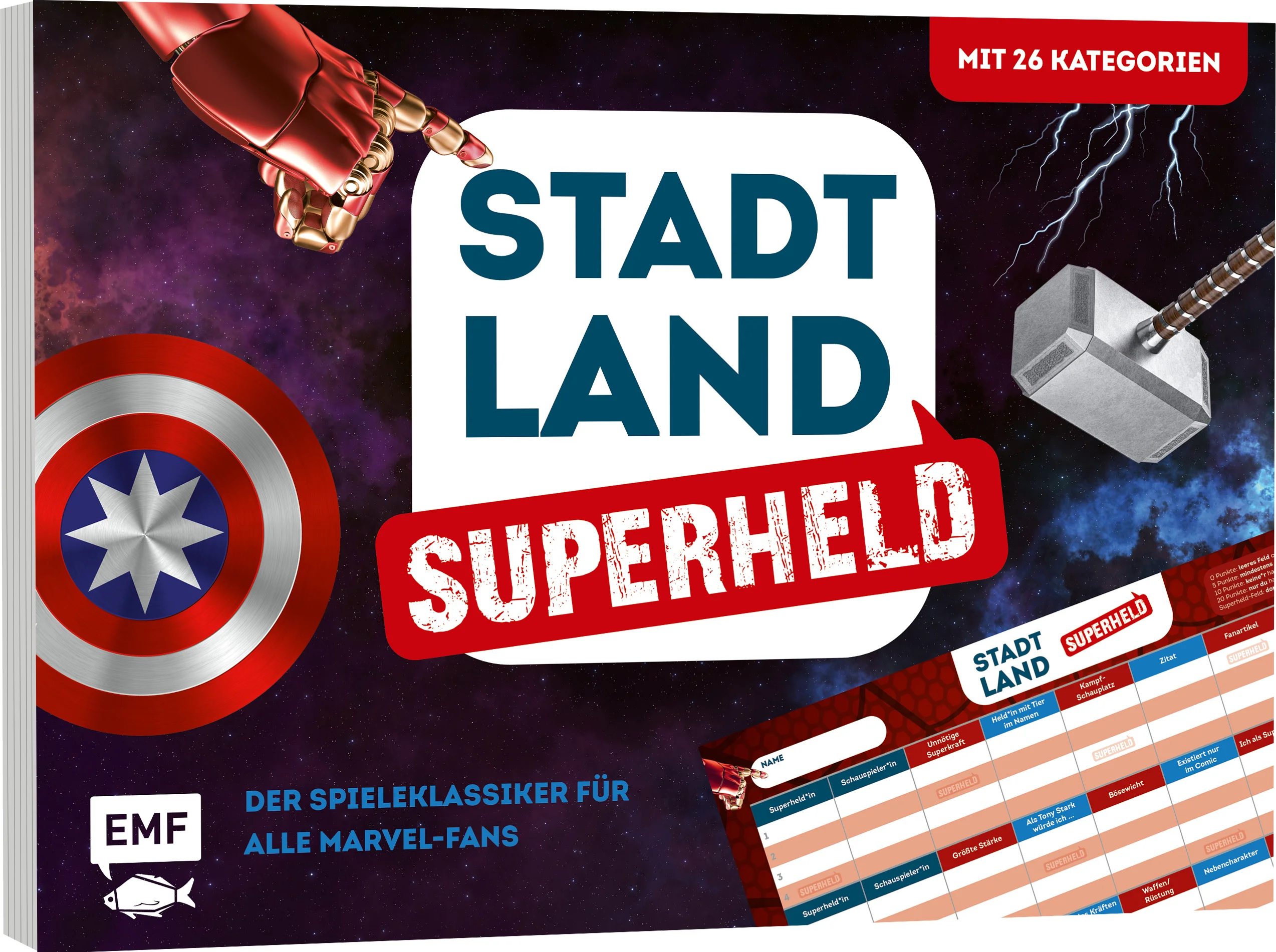 Der Spieleklassiker für alle Marvel-Fans von 8-99 Jahren Egal wo du bist – mit dieser spannenden Stadt, Land, Superheld-Edition bringst du immer eine große Portion Spaß mit in die Runde! In 26 Kategorien könnt ihr euer Superheld*innen-Wissen testen und eure Kreativität unter Beweis stellen. Mit dem coolen Design und den spannenden Themen überzeugt der Spieleblock jeden Marvel-Fan. Von einfachen Fragen bis hin zu kniffligen Kategorien – hier ist alles und für jede*n etwas dabei. Der Spieleklassiker mit 26 coolen und spannenden Kategorien Die ultimative Superhelden-Edition für alle Marvel-FansMit 50 Blatt und praktischer Anti-Schummel-ABC-DrehscheibeAb 2 Personen spielbarFür Jung und Alt – ab 8 JahrenTauche ein in die Welt der Superheld*innen und teste dich und deine Freund*innen – Wer von euch ist der größte Marvel-Fan und kann die Kategorien am schnellsten ausfüllen? Faktenwissen, Kreativität und Schnelligkeit sind gefragt, nur so schaffst du es, als erstes 