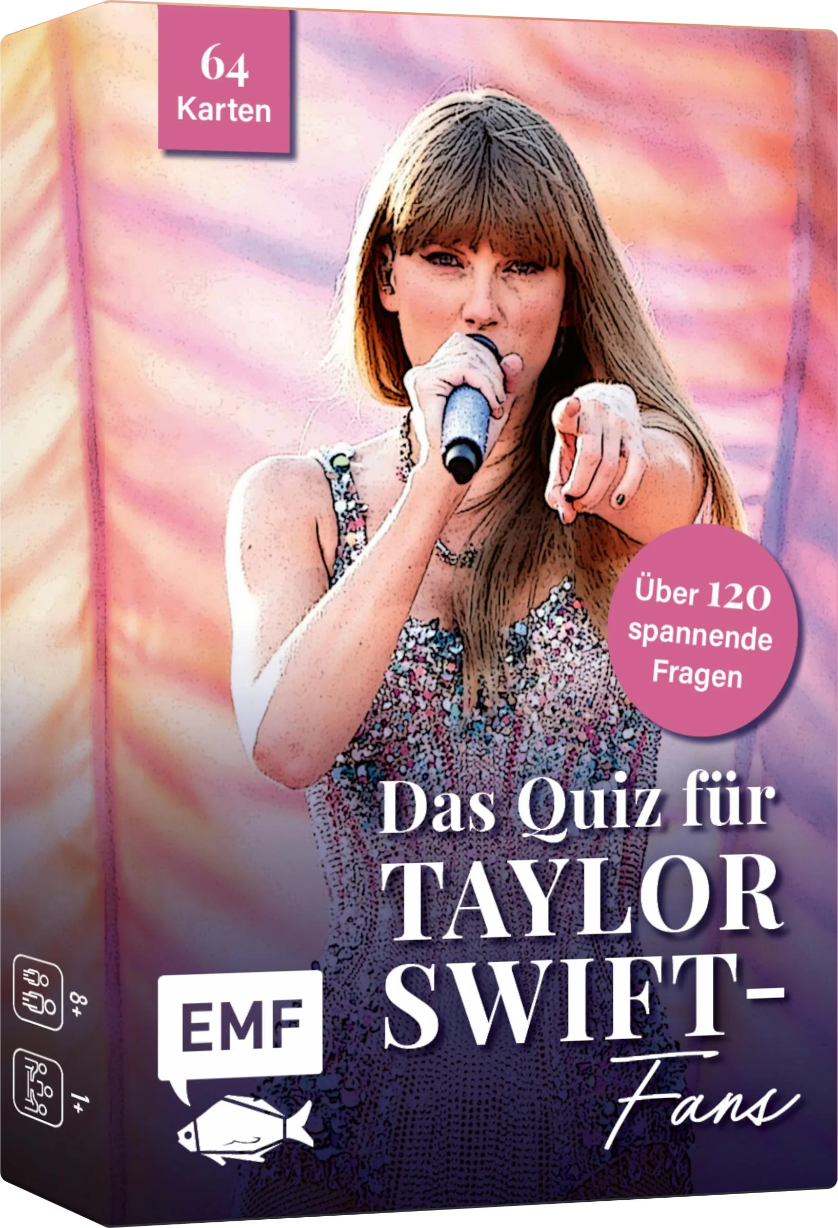 Das ultimative Quiz für alle Swifties!Taylor Swift ist eine wahre Musiklegende, die Millionen von Fans mit ihren Songs begeistert. Doch wie groß ist deine Fan-Leidenschaft wirklich? Weißt du, welche Taylors erste Single war? Kennst du ihre Lieblingszahl? Und kannst du beantworten, was die Sängerin im Alter von fünf Jahren später einmal werden wollte? Teste dein Wissen mit 128 Fragen zu Taylors Leben, Karriere und Musik und erfahre viele spannende Fakten über den Superstar!128 spannende Fragen in drei SchwierigkeitsstufenAlleine und zusammen spielbarMit versteckten Lösungen auf jeder Karte – so ist Schummeln ausgeschlossen!Praktische Kartenbox im handlichen MitnahmeformatInhalt: Anleitung und 64 KartenFür Taylor Swift-Fans ab 8 JahrenStelle dich dem ultimativen Quiz und rätsle dich alleine oder gemeinsam mit deinen Freund*innen durch 128 spannende Fragen in drei Schwierigkeitsstufen: für Gelegenheitshörer*innen, resolute Albumkäufer*innen und wahre Swifties. Bist du bereit für die Herausforderung? Die Lösungen sind versteckt auf jeder Karte zu finden – so ist Schummeln ausgeschlossen! Die praktische Kartenbox im handlichen Mitnahmeformat ist ideal für unterwegs, zu Hause oder als lustiges Spiel für zwischendurch.