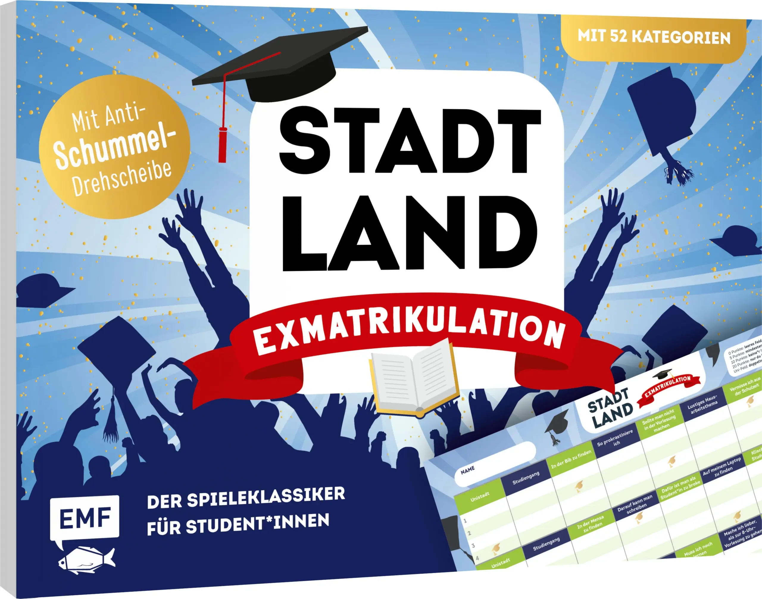Egal ob in der Uni, der WG oder in einem Café – mit diesem spannenden Stadt, Land, Exmatrikulation-Spiel bringst du eine große Portion Spaß mit in jede Runde! In 52 Kategorien könnt ihr euer Wissen testen und eure Kreativität unter Beweis stellen. Der Spieleblock mit einer Anti-Schummel-ABC-Drehscheibe überzeugt mit spannenden Themen – perfekt für alle Student*innen, egal ob Prokrastinationskünstler*innen oder Streber*innen. Von einfachen Fragen bis hin zu kniffligen Kategorien – hier ist alles und für jeden etwas dabei. Der Spieleklassiker mit 52 Kategorien rund um das UnilebenDie ultimative Uni-Edition für alle Student*innenMit 50 Blatt und praktischer Anti-Schummel-ABC-DrehscheibeFür jung und alt – von 16-99 JahrenLustiger Hausarbeitstitel, Mensa-Speiseplan und Gründe fürs Zuspätkommen – fällt dir immer etwas Passendes ein? Nimm die Herausforderung an und lass dich von den vielfältigen Kategorien überraschen. Teste dich und deine Kommiliton*innen – wer von euch hat immer eine Antwort parat und kann die Kategorien am schnellsten ausfüllen? Faktenwissen, Kreativität und Schnelligkeit sind gefragt, nur so schaffst du es, als erstes 