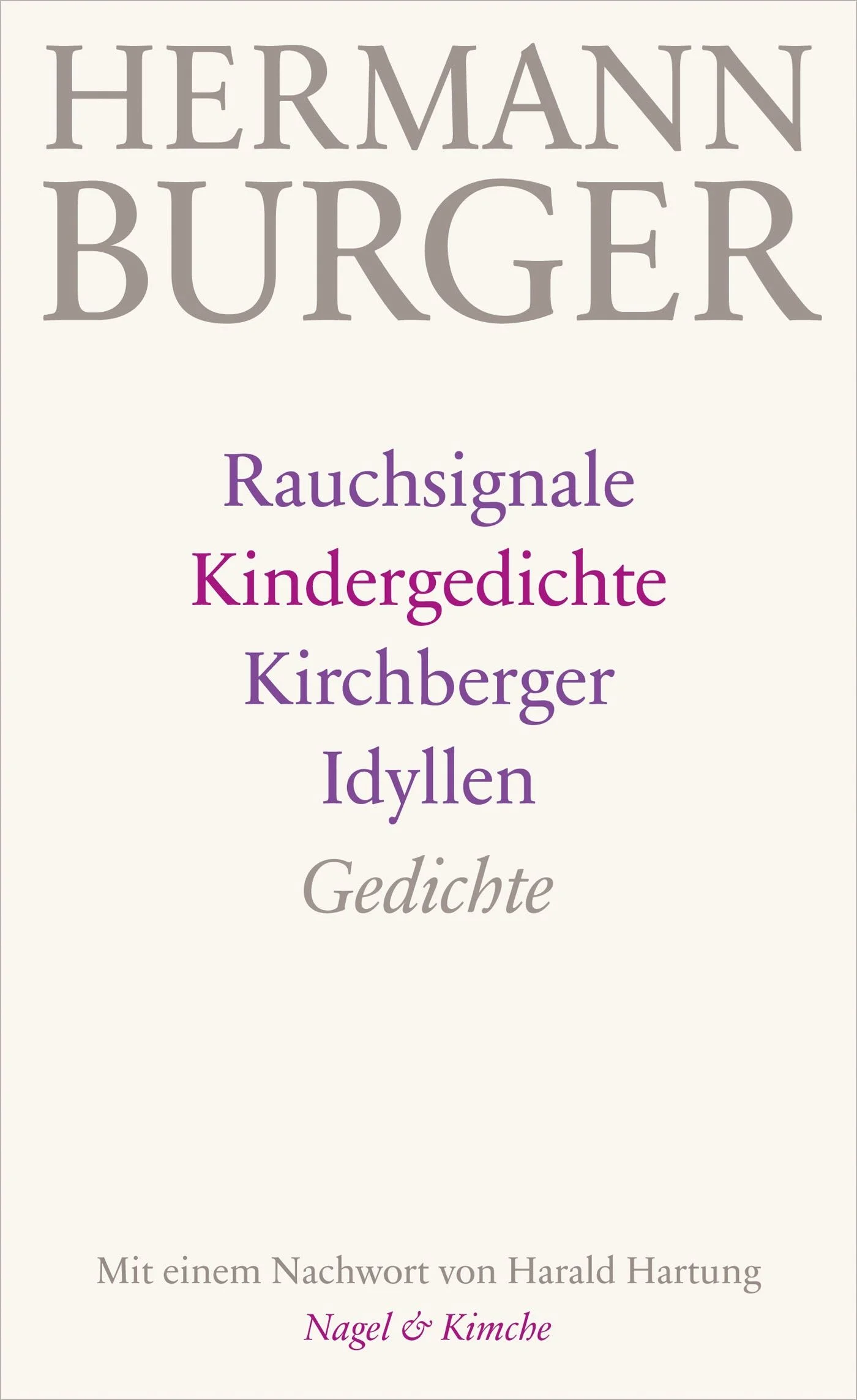 Mit einundzwanzig Jahren debütierte Hermann Burger mit Gedichten in den Aargauer Blättern, im Alter von fünfundvierzig Jahren – ein Jahr vor seinem Tod – wurde sein Gedicht „Der Wasserfall von Badgastein“ in der Neuen Zürcher Zeitung abgedruckt. Zwischen diesen Gedichten spannen sich das Leben und Werk des Schriftstellers aus der Schweiz; die Lyrik zeigt auf konzentriertem Raum seine einzigartige Sprachmächtigkeit und seine virtuose Erzählkunst. Zeit seines Lebens hat Burger zwei Bände mit Lyrik veröffentlicht. Viele Gedichte, wie die aus dem geplanten Zyklus „Kindergedichte“, sind nie in Buchform erschienen. Im ersten Band der Werkausgabe sind erstmals alle zu Lebzeiten des Autors veröffentlichten Gedichte versammelt.