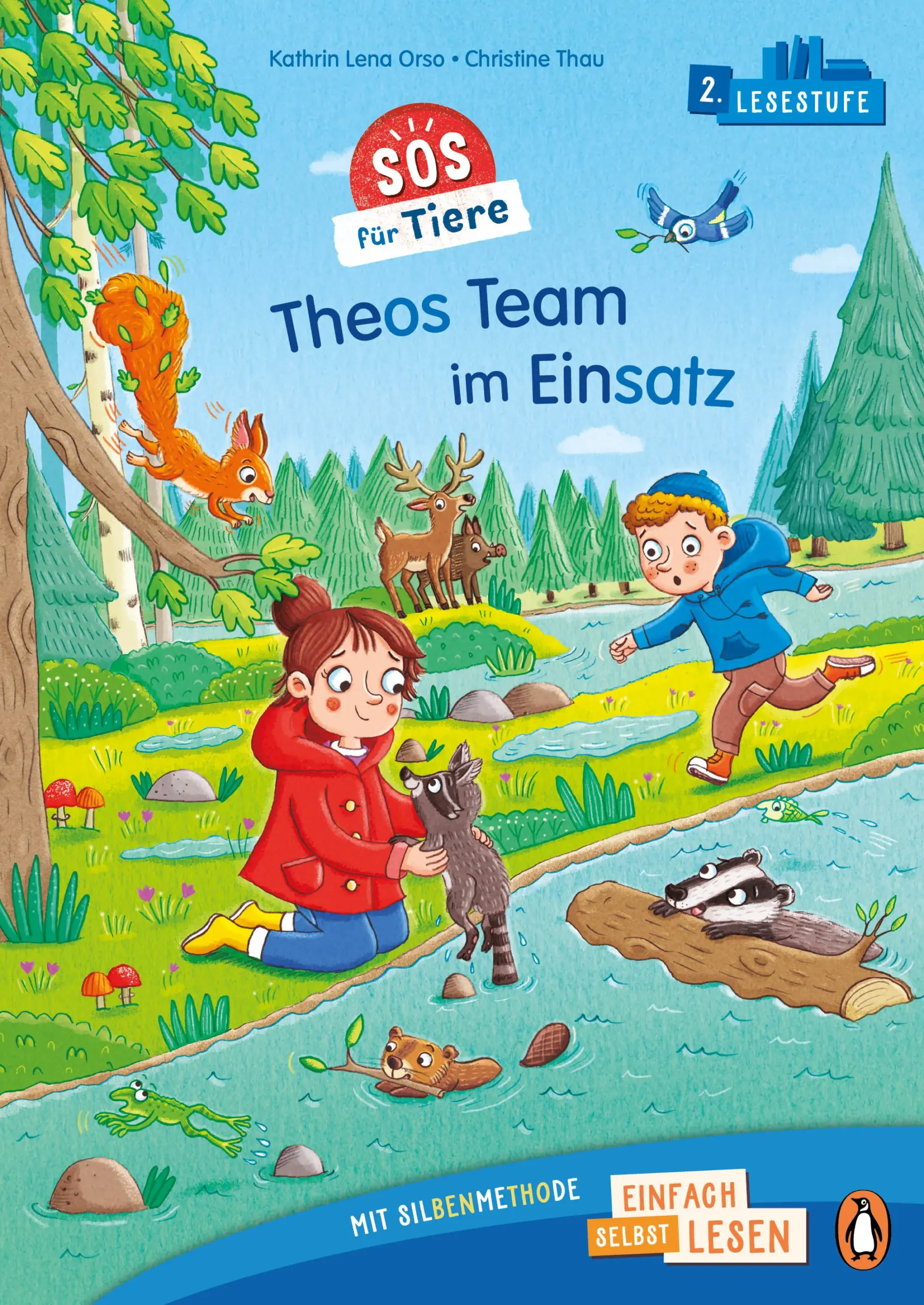 Ein sprechendes Eichhörnchen, zwei tierliebende Kinder und die große RettungsaktionHilfe, der Staudamm bricht! Und das auch noch mitten im Naturschutzgebiet. Wer soll die ahnungslosen Waldtiere warnen?Wie gut, dass Nela und Finn einen ganz besonderen Freund haben: Theo – ein sprechendes Eichhörnchen und Übersetzer für Tiersprachen. Gemeinsam sind sie »Theos Team« und eilen den Tieren zur Hilfe. Werden sie es noch rechtzeitig schaffen?Ein tierisch spannendes Lesevergnügen zum Selberlesen für Kinder ab 6 Jahren Die 2. Lesestufe zum Einfach-selbst-Lesen von Penguin JUNIOR: - Ideal zum ersten Lesenlernen ab der 1. Klasse- Große, gut erfassbare Erstleseschrift- Leichteres Lesen durch unterschiedlich eingefärbte Silben- Text in einfachen Hauptsätzen und Sinnschritten, unterteilt in mehrere Kapitel- Mit Verständnisfragen und LesequizAusstattung: Mit fbg. Illustrationen