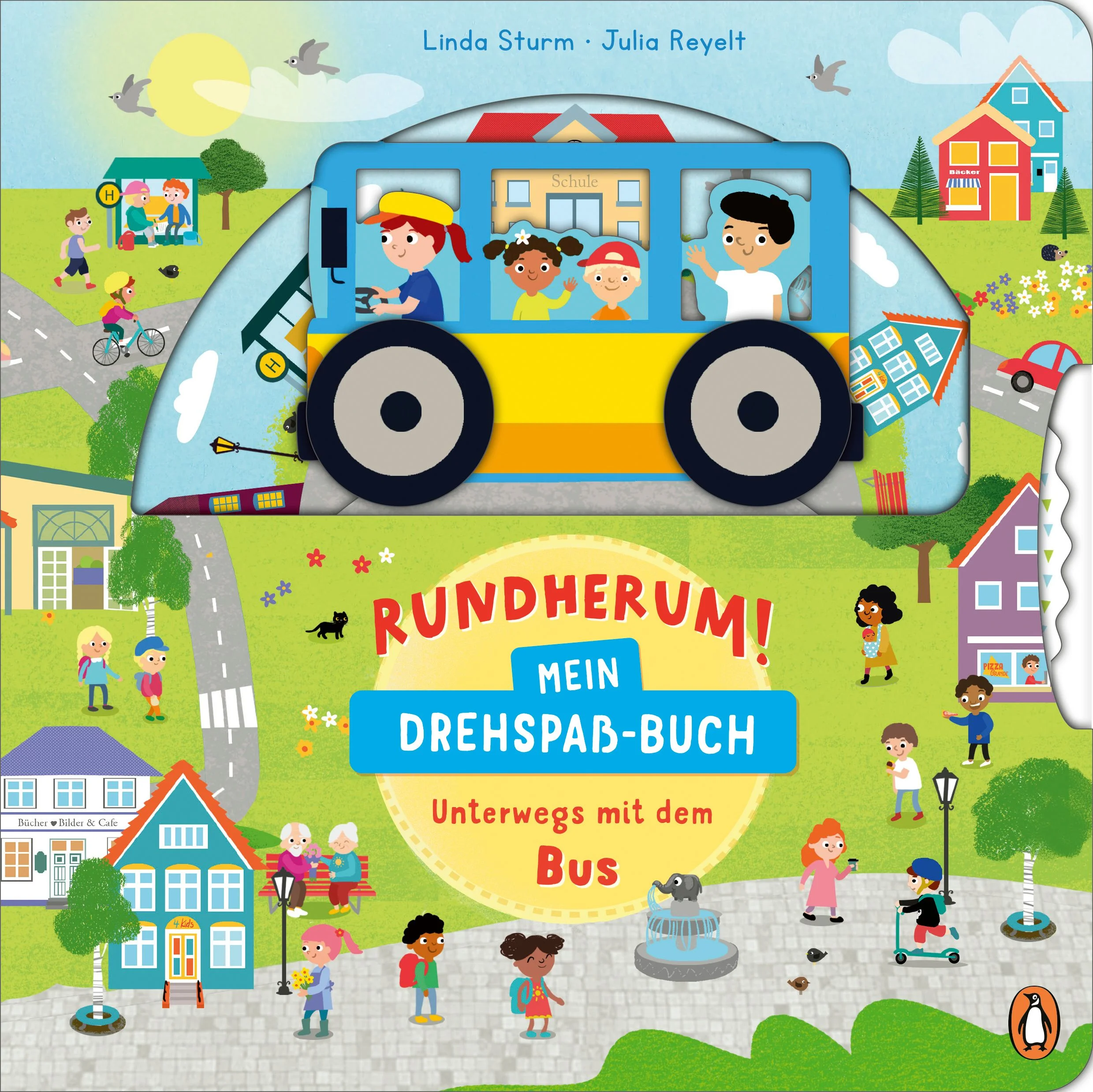 Komm mit in die Stadt!Der Bus bringt die Kinder zur Schule, er holt die Arbeiter an der Fabrik ab und nach dem Konzert am Abend bringt er alle nach Hause. Durch die bunte Drehscheibe und viele Suchaufgaben gibt es für die Kleinen viel zu tun und zu entdecken.Ein wimmeliges Pappbilderbuch mit Stanzung und Drehscheibe ab 2 Jahren- fördert die motorischen Fähigkeiten- außergewöhnlicher Spieleffekt- regt zum Erzählen anAußerdem erhältlich:Rundherum! Mein Drehspaßbuch - Unterwegs mit dem Traktor