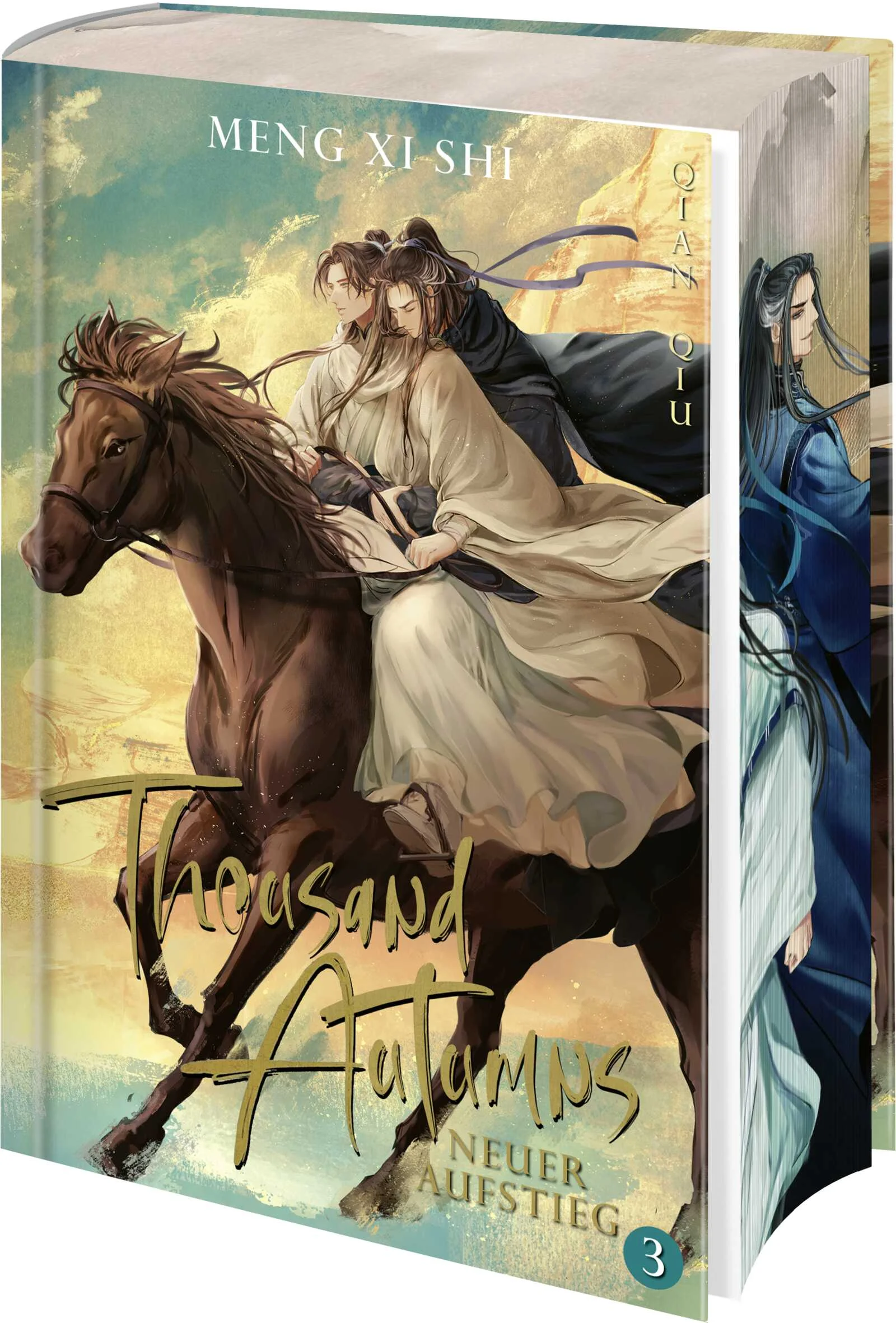 +++ Streng limitierte Erstauflage mit Farbschnitt und exklusiver Charakterkarte +++Band 3 des chinesischen Light Novel-Bestseller und TikTok-Erfolg Thousand Autumns von Meng Xi Shi: Erstmals auf Deutsch in einer hochwertigen Ausstattung mit beigelegter Charakterkarte und wunderschönen Innenillustrationen!Yan Wushi wird sterben.Der Schmerz über Yan Wushis Verrat sitzt tief und Shen Qiao, einst verehrter Anführer der daoistischen Xuandu-Schule, ringt mit seinem gebrochenen Herzen. Doch als er hört, dass sein einstiger Gegner und unerwarteter Gefährte in tödlicher Gefahr schwebt, zögert er keinen Moment. Er eilt ihm zu Hilfe, und kommt doch zu spät. Beinahe.Das Gerücht über Yan Wushis Tod weht bereits wie ein kalter Wind des Wandels durch das Reich. Doch das Schicksal hat andere Pläne. Während Shen Qiao die schweren Verletzungen des Dämonenkönigs zu heilen versucht, begreift er, wie wenig er über den Mann weiß, dessen Schicksal so unentrinnbar mit seinem verwoben ist. Ihre zarte Bindung wird erneut auf die Probe gestellt, aber die Zeit, sich zu erholen, bleibt ihnen verwehrt: Ein alter Freund offenbart seine wahre Natur, und Shen Qiao und Yan Wushi haben keine andere Wahl, als ihm bei einer gefährlichen Mission zu helfen. Doch diesmal sind die Menschen nicht die einzigen Monster, die sie fürchten müssen.In diesem dritten Band der epischen Danmei-Reihe »Thousand Autumns« von Meng Xi Shi müssen sich Shen Qiao und Yan Wushi nicht nur Verrat und Liebe stellen, sondern auch einem Kampf, der sie an die Grenzen ihrer moralischen Überzeugungen und ihrer unerwarteten Zuneigung zueinander bringt. Können sie die Dunkelheit überwinden, die nicht nur das Land, sondern auch die Seelen der Menschen zu verschlingen droht?Ein absolutes Must-Have für alle Fans von Mo Xiang Tong Xius Light Novel The Grandmaster of Demonic Cultivation und Heaven Officials Blessing sowie alle Leser*innen, deren Herzen bei Boys Love- und Wuxia-Geschichten höher schlagen!Diese Tropes erwarten dich:Enemies to LoversMorally Grey CharactersGrumpy x SunshineSlow Burn RomanceBoys Love / Gay RomanceEvery Villain needs a HeroOpposites attractActionreich, emotional und voller unerwarteter Wendungen: Die Danmei-Wuxia-Sensation jetzt in 5 Bänden erstmals auf Deutsch erhältlich.