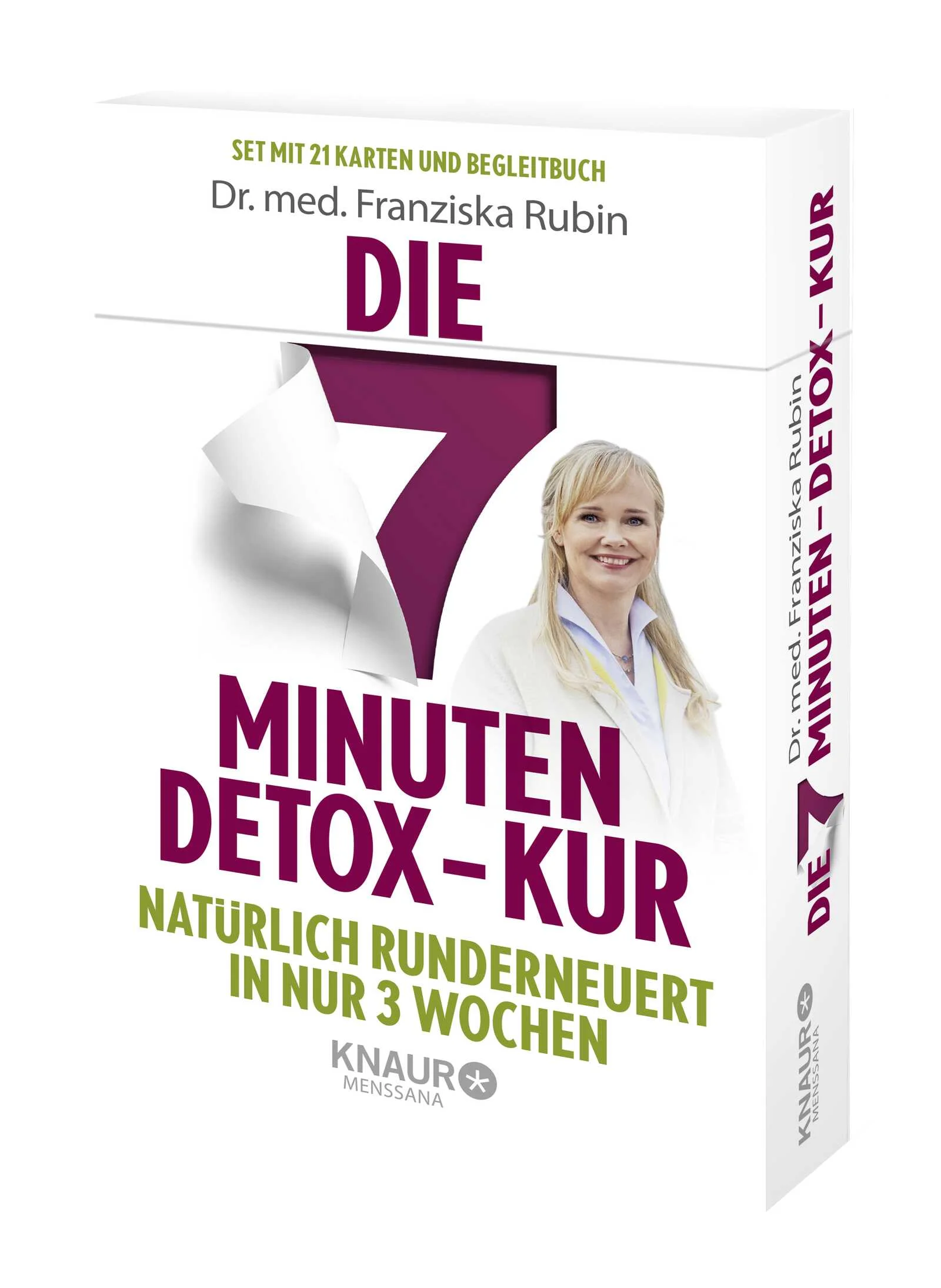 Mit kleinen schnellen Tricks wie neu geboren? Sich endlich wieder gesünder fühlen? Die Bestsellerautorin Dr. med. Franziska Rubin bietet ein knackiges Runderneuerungs-Programm im Kartenformat an. Alles, was Sie für ihre Detox-Kur benötigen, sind 7 Minuten pro Tag und drei Wochen Durchhaltevermögen. Den Kopf frei machen, die Leber entgiften, die Arterien putzen, die Gedanken reinigen, Verspannungen lösen oder Niere und Darm entlasten – diese praktische Kartenbox ist ein echtes Wohlfühlangebot für Körper, Geist und Seele. Befreien Sie sich von unnötigem Ballast und füllen Sie Ihre Speicher auf – in nur 21 Tagen mit täglich 7 Minuten Ihres Lebens. Diese Gesundheits-Box ist eine kleine Wohlfühlkur mit gesunden Rezepte aus der Apotheke der Natur, sowie Tipps für eine ganzheitliche Ernährung und innere wie äußere Schönheit. Dr. med. Franziska Rubin verpackt ihr Wissen über alternative Heilmethoden kompakt, verständlich und abwechslungsreich in einem Detox-Ratgeber der besonderen Art. Diese Detox-Box ist das neue must-have für erfolgreiches und natürliches Entgiften des Körpers.