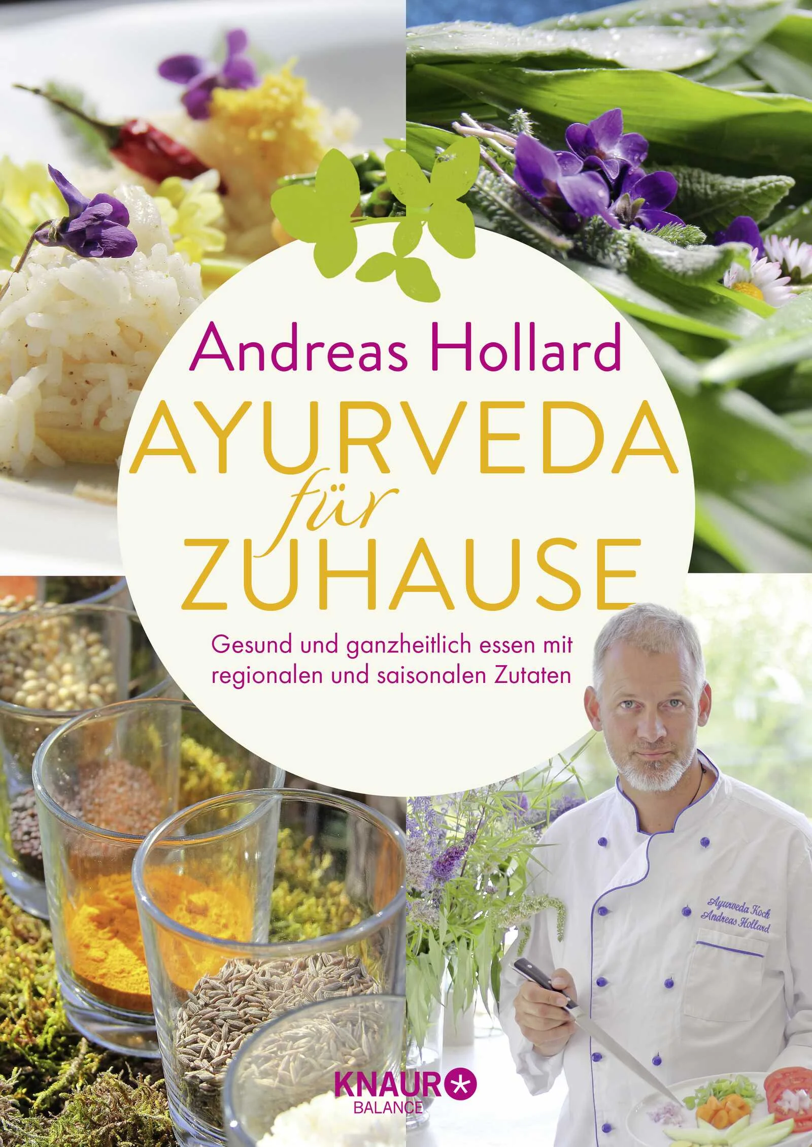 Gesundheitsratgeber über die Heilwirkung der Ayurveda-Ernährung mit heimischen Zutaten, mit Selbsttest und insgesamt ca. 60 Rezepten für alle Konstitutionstypen.»Ayurvedische Ernährung muss nicht kompliziert sein und kann viel Freude beim Kochen und Essen bereiten« ist die Auffassung des Ayurveda-Kochs Andreas Hollard. In seinem Gesundheitsratgeber erklärt er zunächst alles, was man für eine gesunde Ernährung nach Ayurveda wissen muss. Dazu gehören neben dem Erkennen der eigenen Konstitution mit einem Test auch Basics wie der Umgang mit Gewürzen sowie die richtige Reihenfolge beim Kochen, Verwendung von heimischen Kräutern in der Küche, Ernährungstipps und vieles mehr. Grundlage ist das energetische Kochen, also das Kochen im Einklang mit Körper, Geist und Seele.Im Hauptteil des Buches führt er durch die Jahreszeiten, erklärt die spezifische ayurvedische Wirkung der heimischen Gemüse, Kräuter und Obstsorten. Tabellen geben einen schnellen Überblick über deren ayurvedische Heileigenschaften. Spezielle Kuren sind auf die Energien der Jahreszeiten abgestimmt, im Frühjahr gibt es eine Detox-Kur und im Herbst eine Kur zur Stärkung des Immunsystems. Ebenso finden sich, den Jahreszeiten zugeordnet, ayurvedische Rezepte mit speziellen Heilwirkungen, die für  verschiedene Konstitutionstypen individuell angepasst werden. So kann man auch in der Familie für alle ayurvedisch gesund kochen.