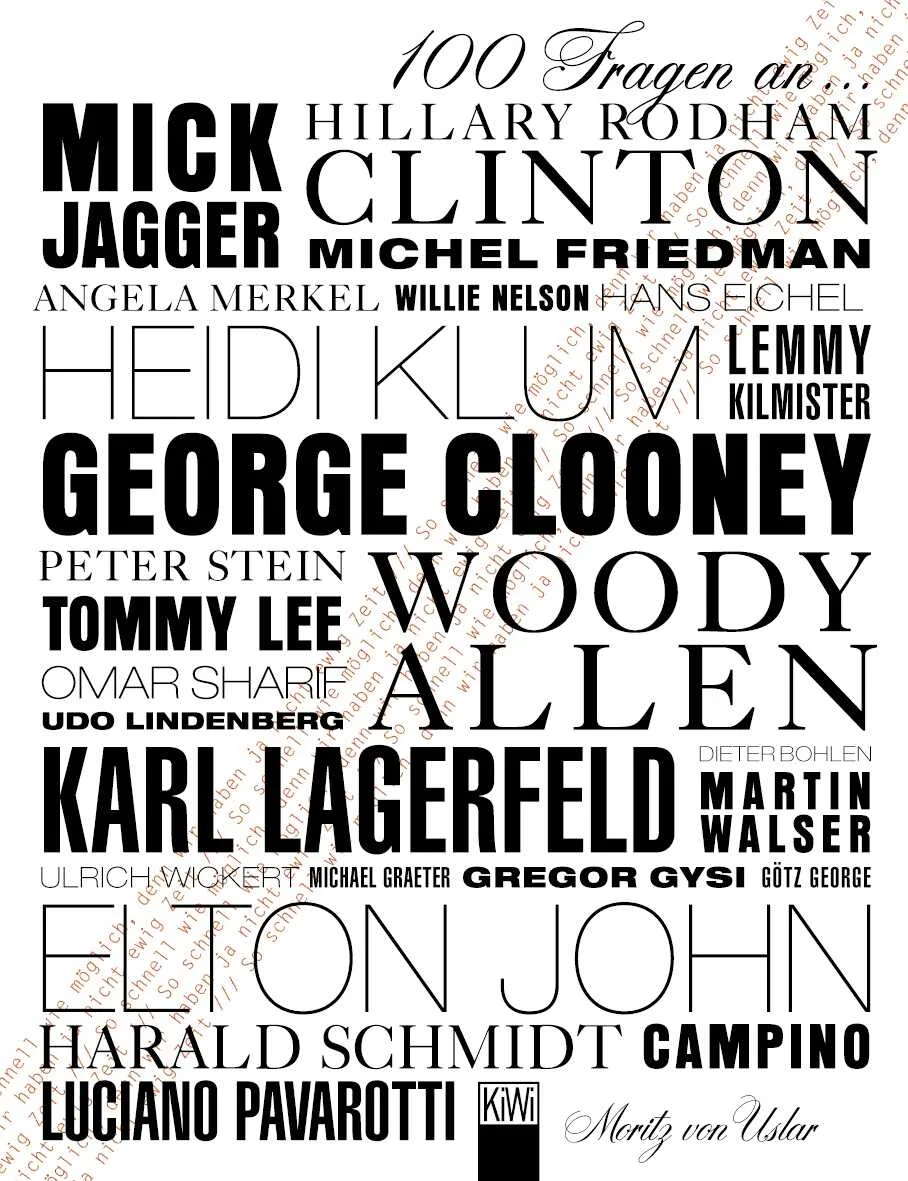 Prominente im Schnellfeuer-Verhör: Höllisch viele Fragen in höllisch kurzer Zeit Aus der Not heraus kreierte der Journalist und Autor Moritz von Uslar vor fünf Jahren eine Interviewform, die heute zum originellsten und erhellendsten gehört, was es im deutschen Blätterwald über Prominente zu lesen gibt. Im Sinne der Ansage »So schnell wie möglich, denn wir haben ja nicht ewig Zeit« stellt er Berühmtheiten wie George Clooney, Elton John oder Hillary Clinton exakt 100 Fragen. Subversive und unverschämte Fragen, wie die an Woody Allen: »Kennen Sie etwas Originelleres, als ›Uh, Baby!‹ zu stöhnen beim Orgasmus?« Eigentlich als Gegenwehr auf die absurden Bedingungen gedacht, unter denen Hollywoodstars interviewt werden, erschuf Uslar eine Kunstform, in der sich die Gesprächspartner von einer gänzlich unbekannten Seite zeigen. Und das nicht nur im druckvollen Frage-und-Antwort-Spiel, sondern gerade auch durch ihre Körpersprache, durch Blicke und Gesten, die Uslar in wunderbar genauen, respektlosen Zwischenkommentaren beschreibt. Uslars 100 Fragen, einer großen Fangemeinde bekannt durch ihre Veröffentlichung im SZ-Magazin, sind Extremtexte – messerscharf und gefährlich dicht dran.Interviewpartner: Mick Jagger • Peter Stein • Woody Allen • Udo Lindenberg • Michel Friedman • Harald Schmidt • Angela Merkel • Götz George • Dieter Bohlen • Elton John • Karl Lagerfeld • Luciano Pavarotti • Willie Nelson • Ulrich Wickert • George Clooney • Heidi Klum • Hillary Rodham Clinton • Martin Walser u. a.