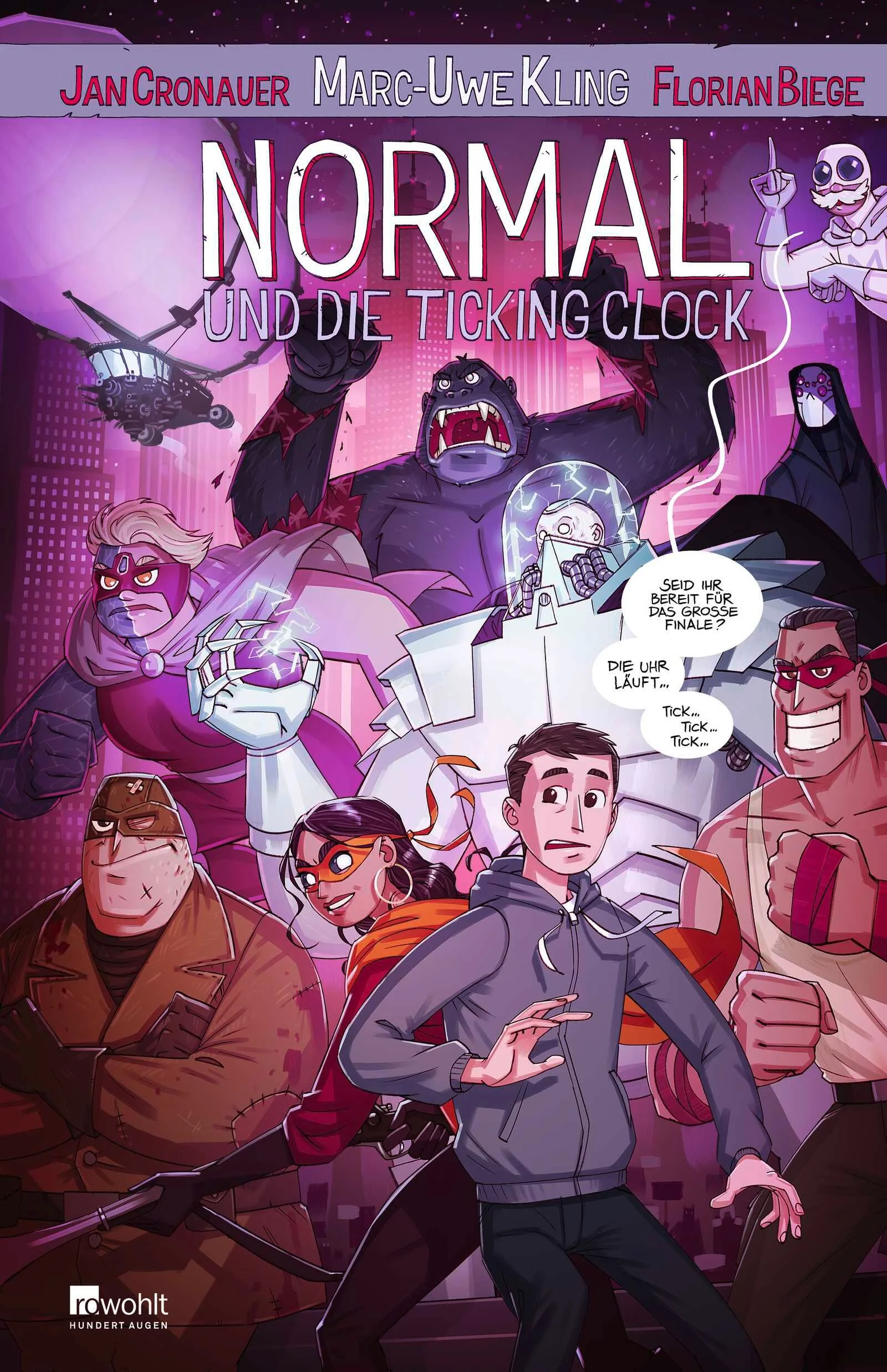 Marc-Uwe Kling, Bestellerautor von Qualityland und Die Känguru-Chroniken, hat mit Jan Cronauer und Florian Biege eine irrwitzige Superheldenwelt geschaffen.In einer Welt voller Superhelden ist Normal der einzige ohne Superpower. Sein Job bei der Notrufzentrale ist mies, seine Freunde sind Zero Heroes mit lächerlichen Kräften, und die Liebe seines Lebens hat sich auf die Seite des Bösen geschlagen. Kann es schlimmer kommen? Na klar.Der gefürchtete Normalizer und seine Armee von Schurken versuchen, die Ticking Clock in ihre Gewalt zu bringen. Wird es Normal und den Zero Heroes gelingen, sie aufzuhalten? Vermutlich schon. Es ist ja eine Superheldengeschichte. Andererseits handelt es sich bei diesem Comic-Roman zugleich um eine Parodie des Genres. Es ist also alles möglich. Seid ihr bereit für das große Finale? Die Uhr läuft. Tick, tick, tick.Dies ist der abschließende Folgeband von Normal und die Zero Heroes.
