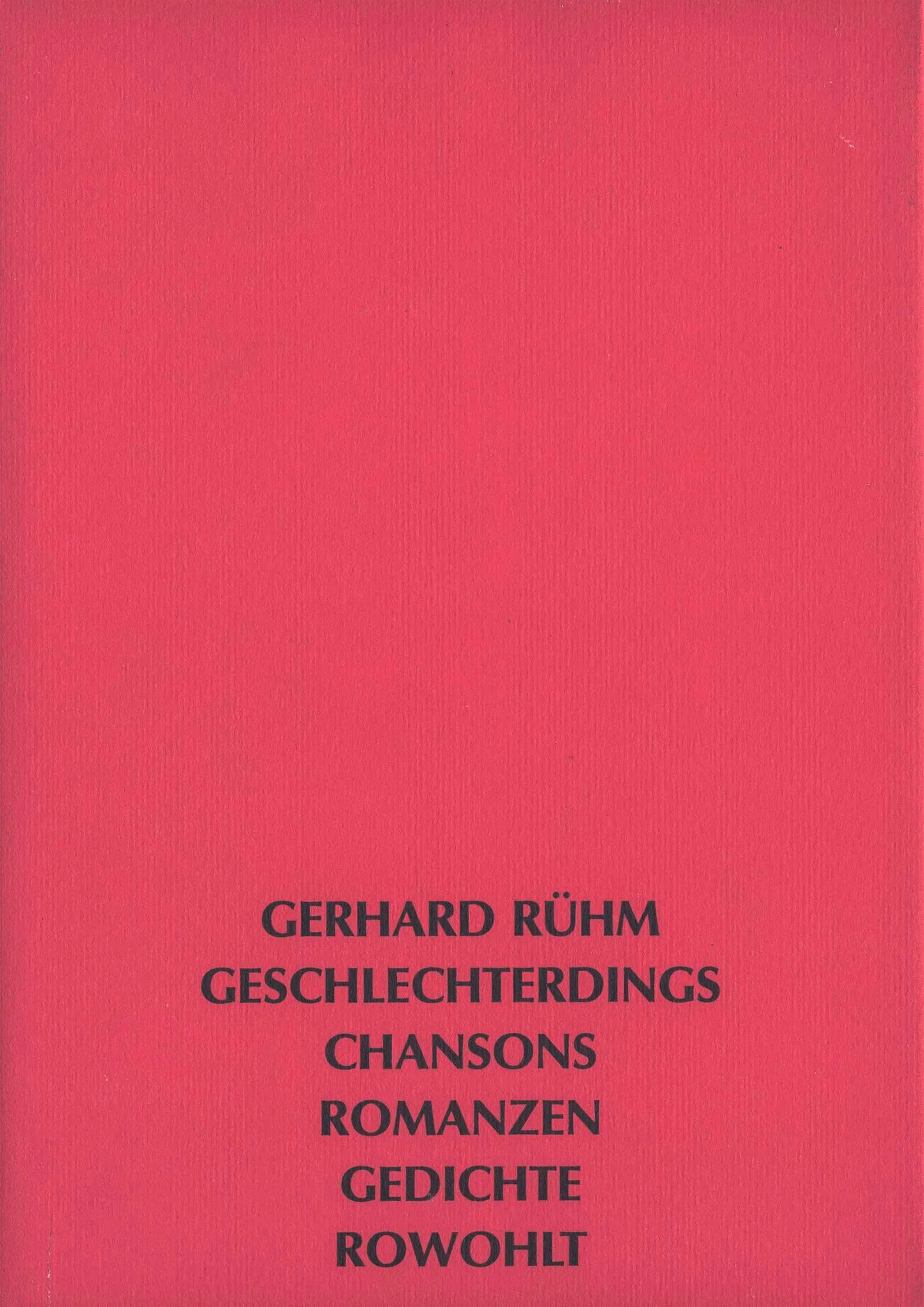 Der Text, der diesem Band den Titel gibt, «geschlechterdings, eine orgie», schlägt den Hauptton dieser «Gedichte» an - das Sprachspiel und das Spiel mit der Erotik stehen in ihrem Zentrum. Orgie, als poetische Methode verstanden, bedeutet Ausschweifungen und Turbulenzen in der Semantik, das Fremdgehen von Wörtern, ihr Zusammengehen (lat. «coitus») außerhalb ihrer gewohnten Verhältnisse, überraschende Verknüpfungen und Kombinatorik in der Sprache. Auch hinter der Moderates verneigenden Bezeichnung «Chansons» verbirgt sich schärfere Kost. «als chansons bezeichne ich gedichte, die meist auf eine eben chansonhafte vertonung hin geschrieben sind, also überwiegend mehr oder weniger eingängig gereimte strophenformen aufweisen - wenn auch eine reihe von ihnen an die grenze dessen (oder gar darüber hinaus) gehen mag, was als unterhaltend noch toleriert wird.» (g.r.) - In der Tat: Sie sind witzig, höhnisch, gotteslästerlich und obszön, und man wünschte ihnen, daß sie Volkslieder würden! Zum Beispiel, vom Autor auch in Musik gesetzt das herrlich anzügliche Chanson «ich küsse heiss den warmen sitz / da wo du breit gesessen bist...» Und die «Romanzen» schließlich, eigentlich Liebesgeschichten, bescherten Gerhard Rühm eine Anzeige wegen Verletzung der öffentlichen Sittlichkeit die Erstauflage seiner «thusneldaromanzen» (Eremiten-Presse 1968), die hier wieder zugänglich gemacht werden, wurde vorübergehend eingezogen. Zwar ist der Name der Frau einem Roman des von Rühm hochgeschätzten Barockdichters Caspar Daniel von Lohenstein entlehnt aber der Thusnelda-Zyklus ist darum nicht Parodie der Barocklyrik, sondern reinste schwarze Romantik. Der verführerische Eröffnungstext, «ferner duft und süße träume / schweben weben in dem raum», lädt ein zu zarten sadistischen Verruchtheiten...