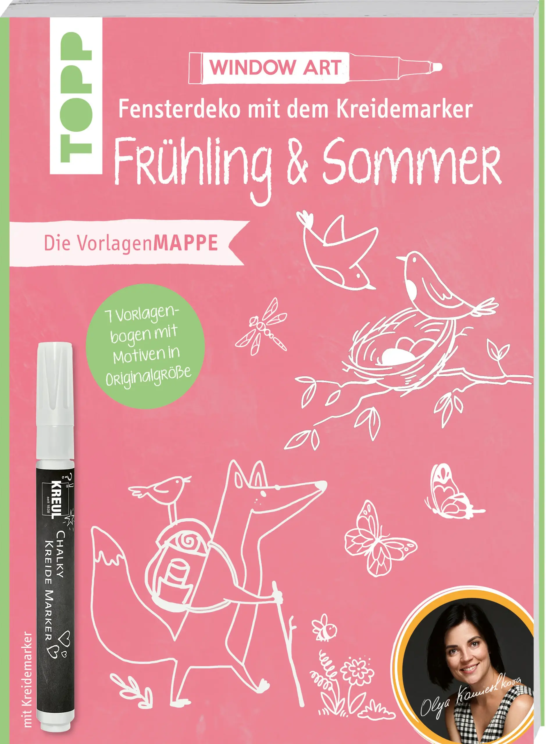 Übertrage mit dem Kreidemarker wunderschöne Motive auf deine Fensterscheiben und andere glatte Oberflächen und bringe so Frühlingsgefühle und Gute-Sommer-Laune direkt in dein Zuhause!Die Vorlagen in Originalgröße werden einfach hinter die Scheibe geklebt und nach Belieben mit dem beigelegten weißen Kreidemarker von KREUL oder in bunten Farben nachgezogen – schon ist er fertig, der einzigartige saisonale Fensterschmuck.Auf sieben Vorlagenbogen sind fröhliche Oster-Motive, hübsche Blumenkränze und weitere vielfältige Frühlings- und Sommerszenen versammelt. Und das Beste: Mit dem beigelegten Kreidemarker kannst du direkt loslegen!