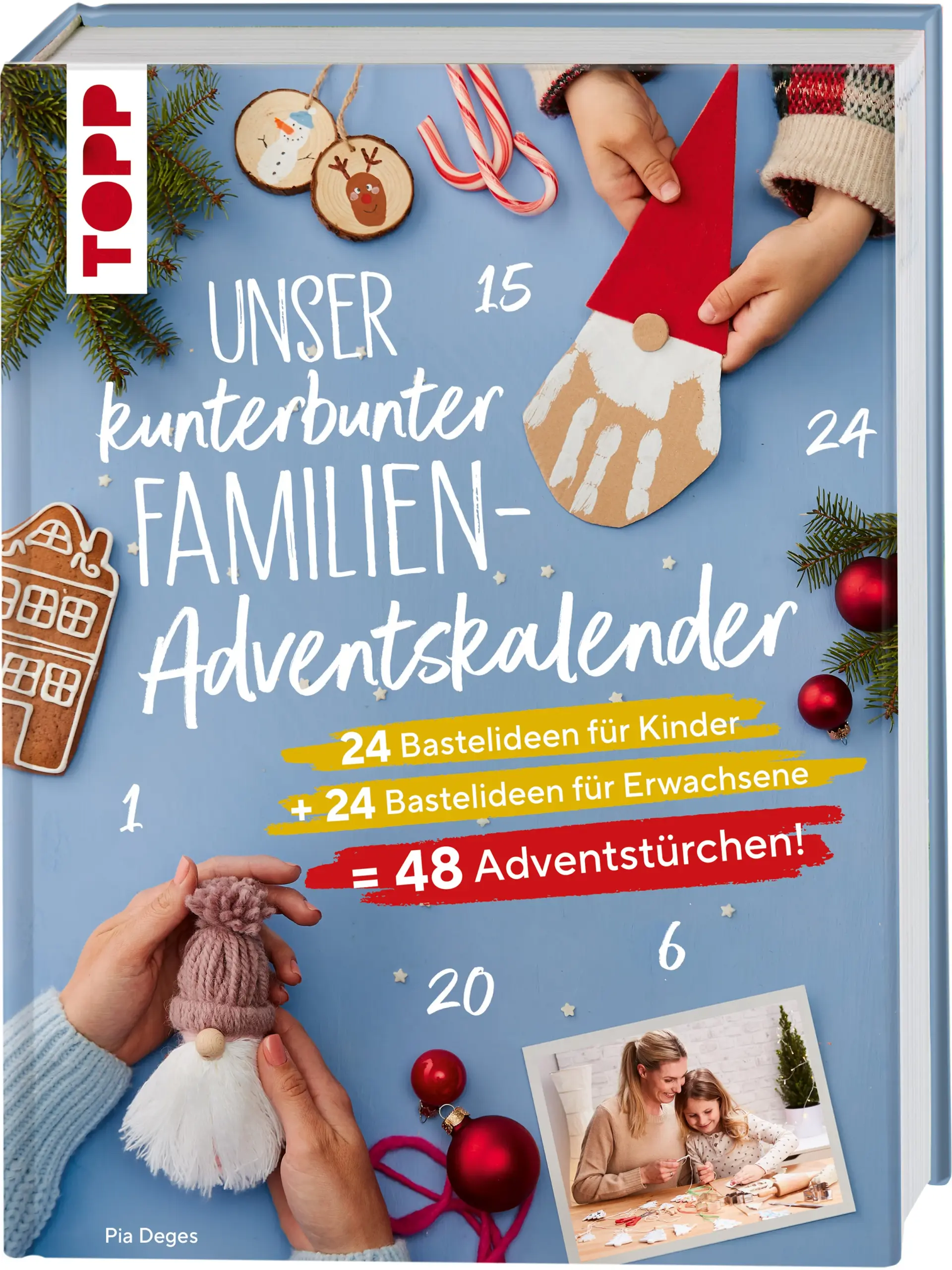 Wer kennt es nicht? Vor Weihnachten muss für jedes Familienmitglied ein Adventskalender besorgt werden. Mit diesem besonderen Adventskalender gibt es nun endlich einen für alle!Das Adventskalender-Buch beinhaltet nicht nur 2x 24 Türchen, sodass jeden Tag sowohl die Kinder als auch die Eltern ein Türchen öffnen dürfen, sondern auch noch tolle Bastelideen, die die Familie dann gemeinsam umsetzen kann - das sorgt gleich für doppelten Spaß im Advent! Es wird gebastelt mit Papier und Schere, mit Bügelperlen und Modelliermasse, mit  Naturmaterialien und Garn, außerdem backt man gemeinsam effektvolle, leckere Füllungen für die Plätzchendose.Für die schönste gemeinsame, kreative Adventszeit!