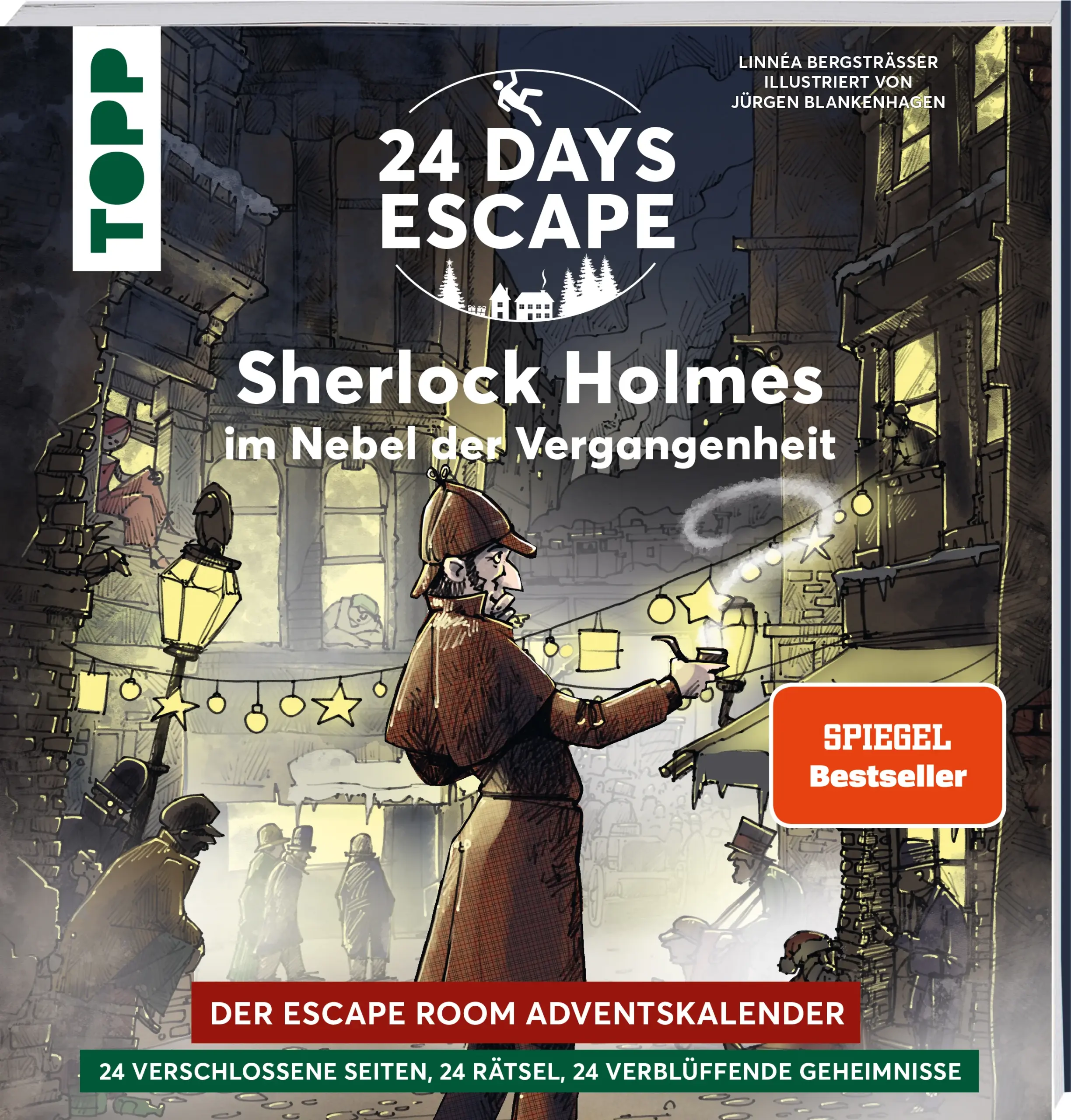 Die Weihnachtszeit ist für alle die Zeit der Besinnlichkeit – nur nicht für Sherlock Holmes. In den Rauch seiner Pfeife versunken, hängt zwar auch der berühmteste Detektiv der Welt grüblerischen Gedanken nach. Doch drehen sich diese nicht um Weihnachtsbäume oder Geschenkpapier, sondern seine geheimen, nie gelösten Kriminalfälle. Bis zum Fest ist noch Zeit, um vielleicht endlich die entscheidenden Schlussfolgerungen zu ziehen!Folge Sherlock Holmes über 24 Tage hinweg in seinen „Gedächtnispalast“ und versuche mit ihm, die ungelösten Rätsel seiner Vergangenheit aufzuklären! Trenne jeden Tag eine verschlossene Seite dieses Adventskalenders auf und stelle dich einer neuen und kniffligen Aufgabe, wie in einem echten Escape Room. Kannst du die düsteren Zusammenhänge zwischen all den Fällen enträtseln, bevor es zu spät ist? Das erwartet dich:Escape-Room-Adventskalenderhinter den 24 geschlossenen Doppelseiten jeden Tag ein neues Rätsel entdeckeninklusive XXL-PosterAltersempfehlung: ab 12 JahrenSpieldauer: ca. 10 Minuten pro TagSchwierigkeitsgrad: mittel