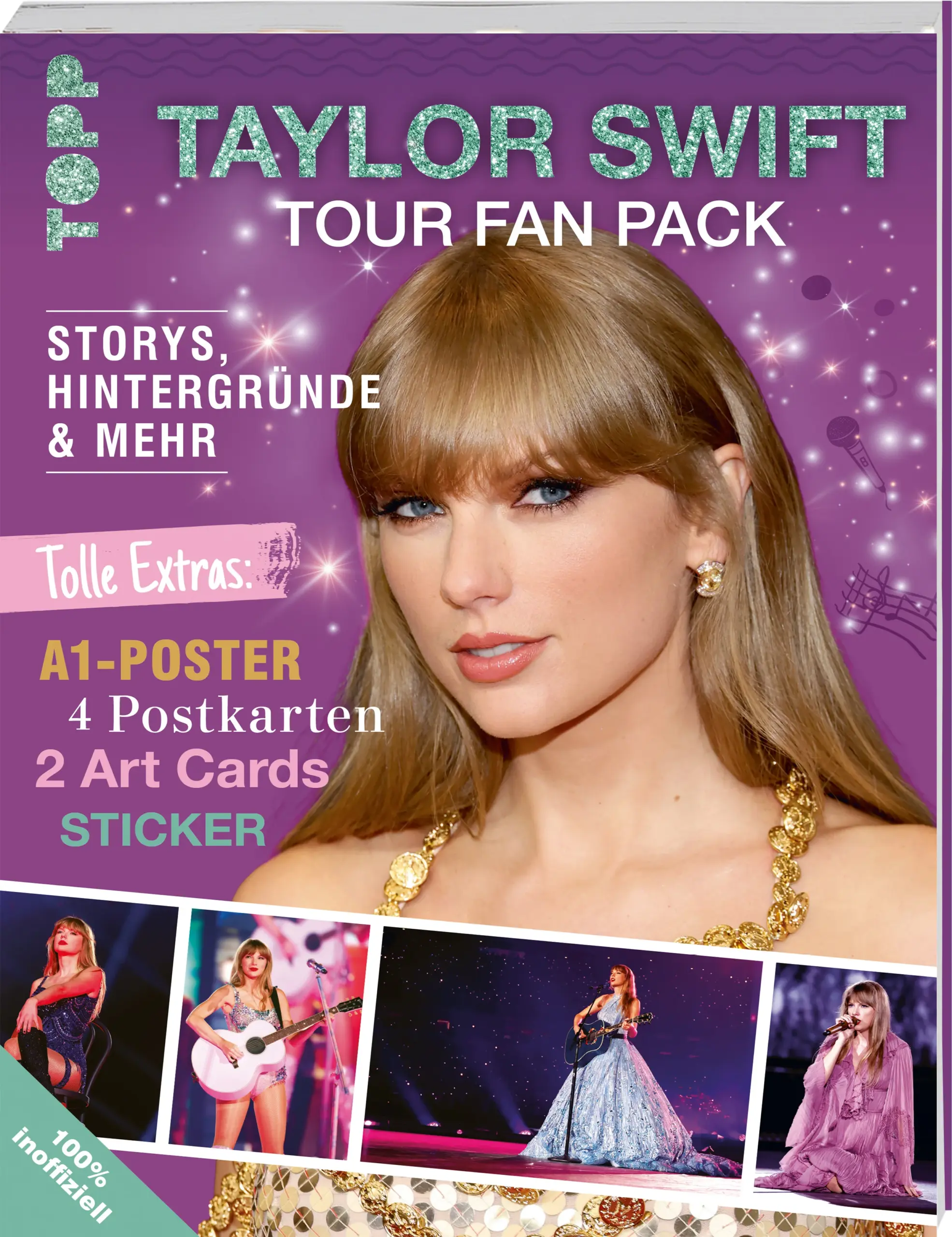 Teile deine Swiftie-Leidenschaft!Dieses ultimative Fan Pack begeistert garantiert alle Swifties, die auf die Auftritte ihres Superstars bei der legendären Welttournee hinfiebern. Im enthaltenen Buch wird Taylors Leben und Werdegang porträtiert und allerlei Fan-Wissen vermittelt, außerdem gibt es einen Überblick über die weltweiten Tour-Daten sowie erste Konzertfotos im Großformat. Die tollen Beigaben ergänzen das Fan-Paket perfekt!Das erwartet dich:Buch mit Fan-Wissen rund um Taylor Swift und die Eras-Tourgroßes Wendeposter 2 Art Cards 4 Postkarten StickerDas absolute Must-have zur legendären Eras-Tour!