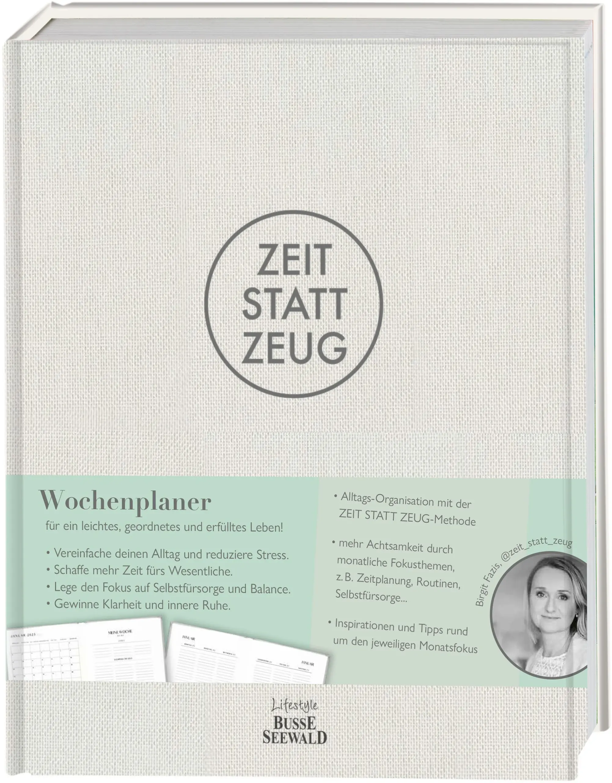 Viel mehr als ein Kalender!Birgit Fazis begeistert mit ihrem Instagram-Account @zeit_statt_zeug regelmäßig eine treue Community mit ihren Beiträgen zu mehr Achtsamkeit, Selbstfürsorge und Selbstliebe. Bei dem undatierten Zeit-statt-Zeug-Wochenplaner ist der Name Programm: Er enthält neben einem großzügig angelegten, immerwährenden Kalendarium und viel Platz für Notizen, Pläne und Gedanken auch Fragen und Aufgaben für die Selbstreflexion und -organisation sowie Inspirationstexte zu relevanten Themen.