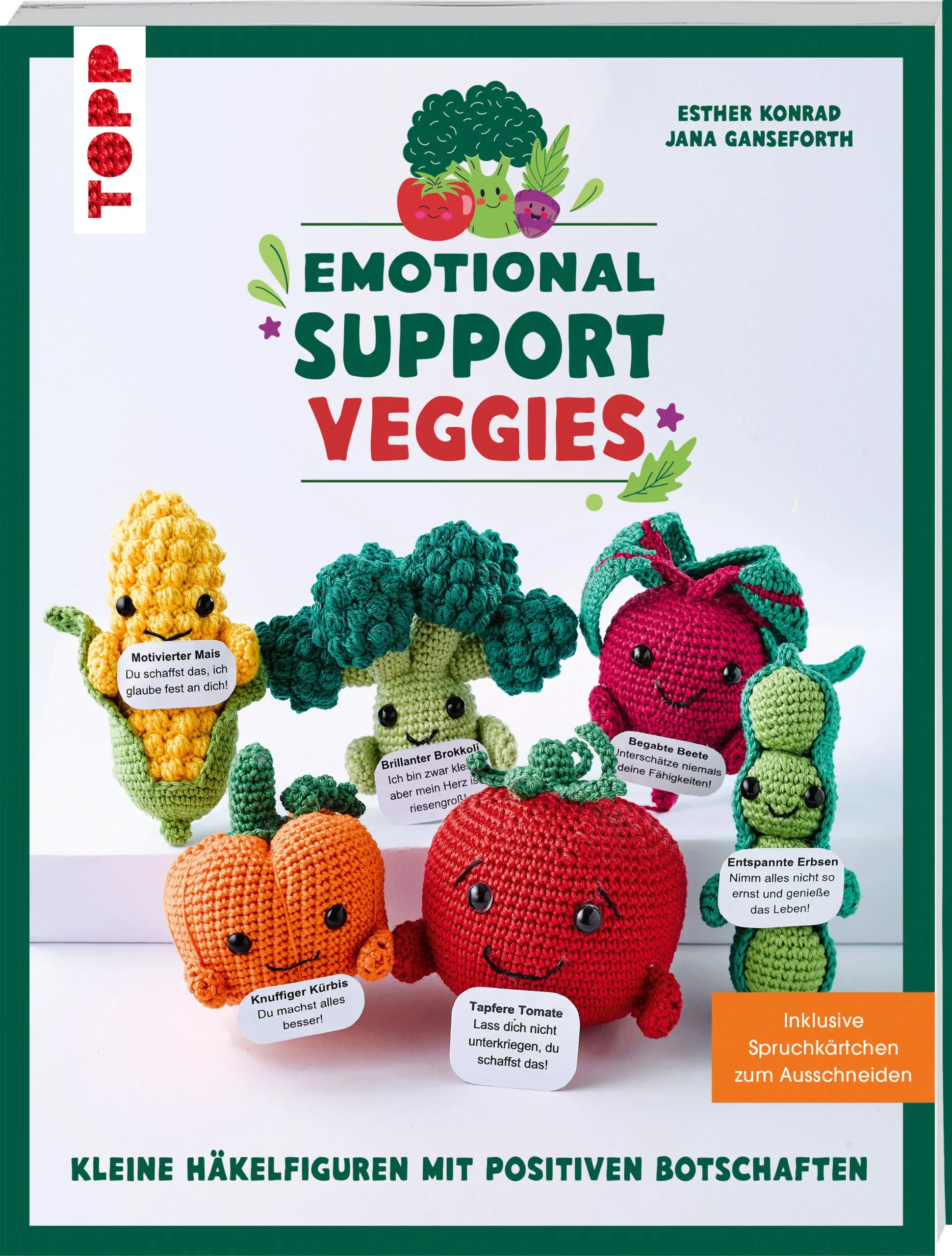 Plüschtiere waren gestern – jetzt kommen Emotional Support Vegetables!Mit diesem Buch ist deine tägliche Portion Gemüse definitiv abgedeckt! Diese süßen Stoff-Gemüsefiguren sind mehr als nur Deko: Sie bieten Trost, reduzieren Stress und sind perfekte Begleiter für den Alltag. Häkel jetzt eine „Kühne Kartoffel” oder eine „Gelassene Gewürzgurke” und zaubere so eine Vielzahl kleiner niedlicher Häkelfiguren - ideal als süßes Geschenk, Glücksbringer oder einfach zum Selberbehalten.Dabei sind die folgenden Gemüsesorten enthalten: 🥬Salat, Blumenkohl, 🫛Erbsen, 🥒Gewürzgurke, Rote Beete, Spargel, Süßkartoffel, Lauch, Radieschen, 🥑Avocado,🧅Zwiebel, Kürbis, 🫑Paprika, 🥔Kartoffel, Zucchini, Bohne, Kohlrabi, Tomate, 🍆Aubergine, 🧄Knoblauch, 🥦Brokkoli, 🥕Karotte, 🌽Mais, 🍄🟫Pilz, Fenchel. Zu jeder Figur gibt es exklusive Spruch-Karten mit positiven Affirmationen und aufmunternden Sprüchen als Download, die du jeder deiner Häkelfiguren hinzufügen kannst. Achtsamkeit, mentale Gesundheit und Selfcare stehen dabei im Fokus. Die motivierenden Botschaften zaubern ein Lächeln auf jedes Gesicht und erinnern an die kleinen Freuden im Leben!Egal, ob du ein erfahrener Häkelfan oder Anfänger:in bist - mit diesem Buch schaffst du spielend leicht deine eigene Sammlung positiver Begleiter, die mit ihrem freundlichen Design für gute Laune sorgen!Das erwartet dich:24 leicht verständliche Häkelanleitungen für niedliche Gemüse-HäkelfigurenSpruch-Karten auf Deutsch und Englisch zum Herunterladen und Ausschneideninkl. Grundanleitungfür Anfänger:innen und Fortgeschritteneauch perfekt als Accessoir für die Kinderküche oder für die Kaufmannsladenausstattung geeignet!🌽🍆🥒Worauf wartest du noch? Schnapp dir deine Häkelnadel und leg los!🥦🥔🥕