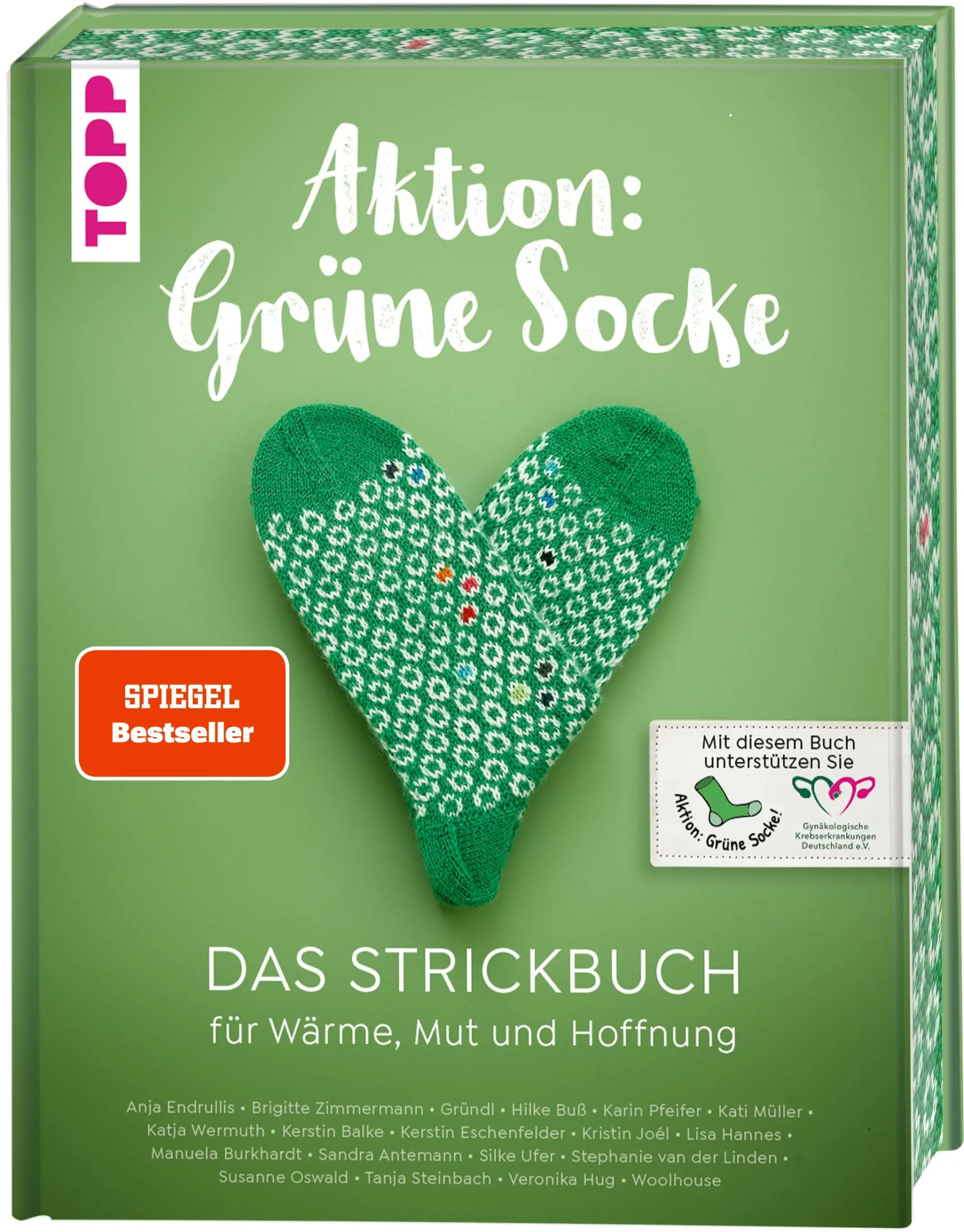 Das Strickbuch zur beliebten „Aktion: Grüne Socke”Mit diesem Socken-Strickbuch hältst du bald ein echtes Herzensbuch in den Händen. 20 kreative Designerinnen haben sich zusammen getan und für die „Aktion: Grüne Socke” einzigartige Anleitungen zusammengestellt. Mit dabei sind:Anja Endrullis (@strickmade_by_anja)Bianka aus dem Woolhouse-Team (@woolhouse_de)Brigitte Zimmermann (@knittygitti)Gründl (@gruendl_com)Hilke Buß (@haalu_the_ugly_bunny)Karin Pfeifer (@frau_ringelsocke)Kati Müller (@malamue)Katja Wermuth (@katjaknitter)Kerstin Balke (@stine_und_stitch)Kerstin Eschenfelder (@die_kerstin_strickt)Kristin Joél (@joel_joel_handmade_4_friends)Lisa Hannes (@malihadesigns)Manuela BurkhardtSandra Antemann (@sante1.0)Silke Ufer (@silkeuferdesign)Stephanie van der Linden (@stvanderlinden)Susanne Oswald (@susanne.oswald)Tanja Steinbach (@tanja_steinbach)Veronika Hug (@veronika_hug)Mit diesem tollen Buch erhältst du nicht nur 20 neue Socken-Inspirationen, sondern tust auch zeitgleich etwas Gutes, denn 1 EURO pro gekauftem Buch gehen direkt als Unterstützung an die „Aktion: Grüne Socke”.Freue dich auf ein Sockenstrickbuch, das nicht nur innen, sondern auch außen ein echtes Highlight ist und mit dem farbigen Buchschnitt zu einem großartigen Hingucker in deinem Bücherregal wird. Verschenke oder spende deine eigenen Sockenkreationen mit den drei enthaltenen Sockenbanderolen und hinterlasse für den Beschenkten noch eine persönliche Nachricht auf der Rückseite der Banderole.Das erwartet dich:lerne die „Aktion: Grüne Socke” kennen und erfahre mehr über ihr Wirkenauf 20 einzigartige Sockenanleitungen von 20 kreativen Köpfenalle notwendigen Techniken im übersichtlichen Grundlagenteilmit farbigem Buchschnittinkl. 3 Sockenbanderolen zum Verschenken oder Spenden der gestrickten SockenÜber die „Aktion: Grüne Socke”Diese tolle Initiative wurde von der Gynäkologischen Krebserkrankung Deutschland e.V. initiiert, durch Andrea Krull (Preisträgerin der Goldenen Bild der Frau / Funkeverlag 2023) ins Leben gerufen und wird durch Ehrenamtliche Mitglieder mit viel Herzblut betreut. Ziel der Aktion ist es, auf das Thema Eierstockkrebs aufmerksam zu machen und betroffenen Frauen Mut, Zuversicht und Stärke zu vermitteln. Mit einer Spende von grünen, selbstgestricken Socken haben Stricker:innen die Möglichkeit, die Aktion zu unterstützen. Durch die helfenden Hände werden die fertigen Socken an Krankenhäuser und Rehaeinrichtungen verschickt, die sie dann an die Patientinnen als Zeichen der Hoffnung übergeben. 2024 wurden auf diesem Weg 10.000 Paar grüne Socken gespendet.