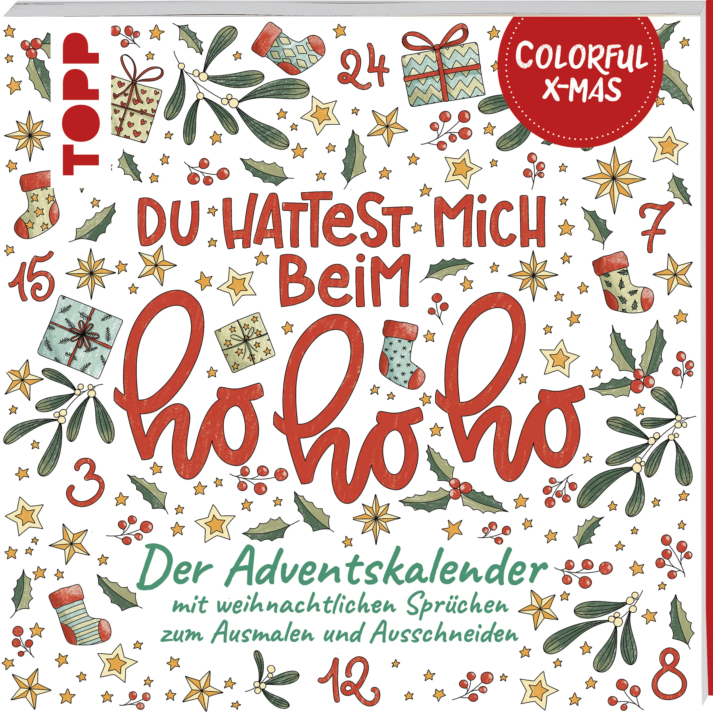 Weihnachten kommt immer so plötzlich! Um die schönste Zeit des Jahres ein wenig bewusster wahrzunehmen, bietet dieser Adventskalender täglich einen humorvollen oder unterhaltsamen Spruch zum Ausmalen. Die frischen Sprüche sind im Handlettering-Stil gezeichnet und umringt von thematisch passenden Streumustern. Die 24 Türchen sind als zunächst geschlossene Doppelseiten gestaltet, die sich dank Perforation einfach öffnen lassen. Zur Inspiration findest du die Ausmalmotive auf den linken Seiten schon beispielhaft bunt gestaltet. Der besondere Bonus: Jedes Ausmalmotiv lässt sich auch als Postkarte und Geschenkanhänger herausschneiden. So entsteht ganz nebenbei persönliche Deko für deine Weihnachtsgeschenke.Das erwartet dich:hinter den geschlossenen Doppelseiten jeden Tag eine neue Überraschung entdecken24 stimmungsvolle und vielfältige Ausmalmotivejeden Tag ein unterhaltsamer Spruch zum Ausmalen, Ausschneiden und Verschenkengezeichnet von erfahrenen Illustratorinnen mit eigenem Stilmit Grundlagenteil zu Farbtheorie und Co. für einen einfachen Einstiegdurch die besondere Bindung bleibt das Buch beim Ausmalen problemlos aufgeschlagenfestes Papier verhindert Durchdrücken auf die nächste SeiteEin tolles Geschenk für dich und deine Liebsten!Die Reihe „Colorful Christmas” steht für hochwertige Ausmalbücher. Weitere Ausmalbücher der Reihe:Colorful Christmas - Der Adventskalender zum AusmalenColorful Christmas - Der goldene Adventskalender zum AusmalenColorful Christmas - Die Ausmal-Weihnachtskrippe (Adventskalender)