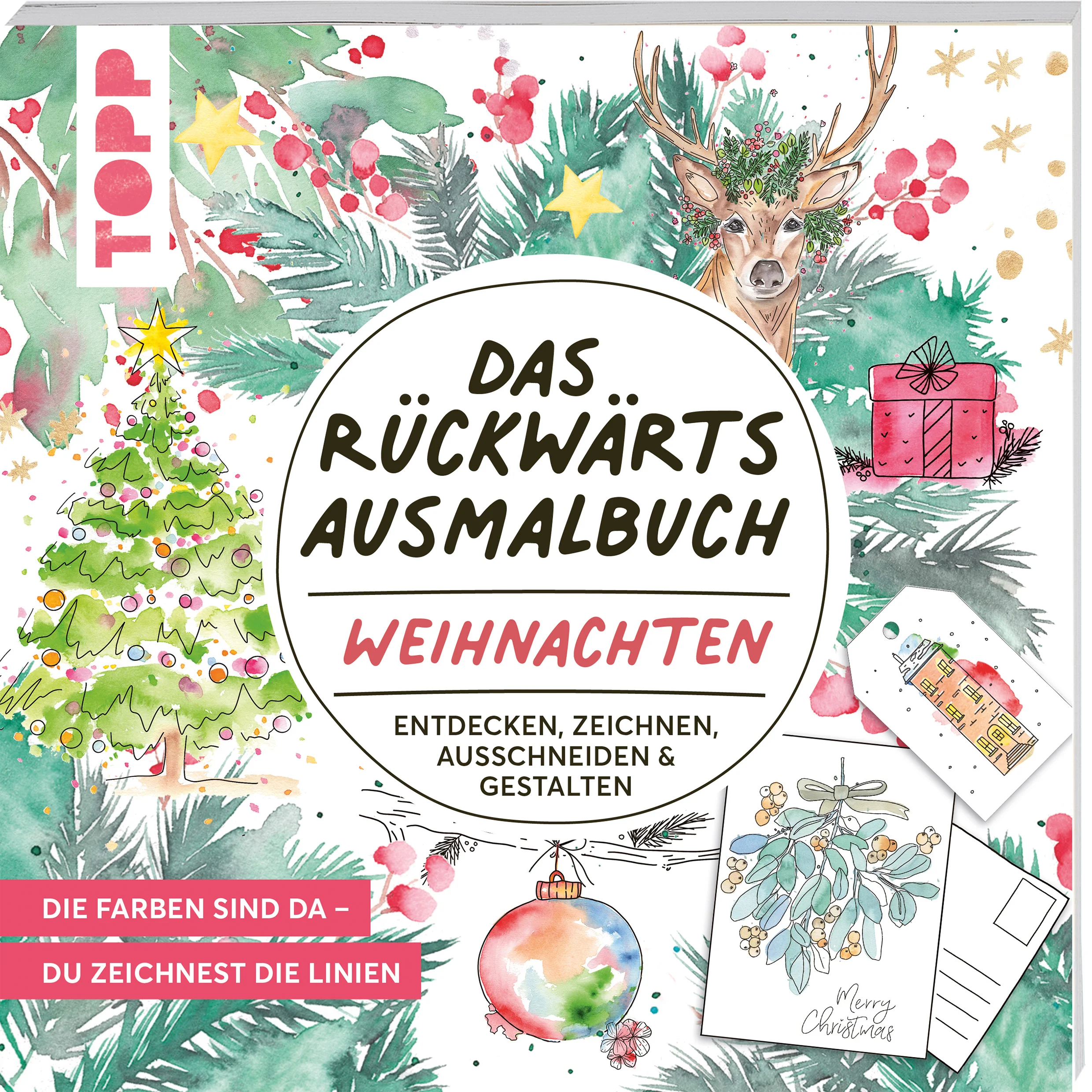Bei diesem Ausmalbuch ist alles umgedreht: Anstatt schwarzer Umrisslinien findest du Watercolor-Flächen in weihnachtlichen Farben. Anstatt der Buntstifte kommen Fineliner oder Gelstifte zum Einsatz. Doch genau wie beim klassischen Ausmalen sind die Ergebnisse wunderschöne, bunt kolorierte Weihnachtsmotive. Aus diesen Kunstwerken entstehen im Anschluss Weihnachtskarten, Geschenkanhänger, Baumschmuck und mehr.Zum Einstieg findest du einen übersichtlichen Anleitungsteil, der dir die wichtigsten Grundlagen näher bringt und eine kleine Zeichen-Bibliothek inklusive Oneline- und Handlettering-Beispielen zur Inspiration bereitstellt.Je nachdem, wie frei du arbeiten möchtest, bietet das Buch unterschiedliche Herangehensweisen. So helfen dir anfangs genaue Schritt-für-Schritt-Anleitungen beim Gestalten der Projekte. Im hinteren Teil kannst du ganz frei arbeiten, Formen und Motive finden und im Anschluss entscheiden, ob du ein Projekt daraus gestalten möchtest. Schablonen helfen dir dabei, den perfekten Ausschnitt für Geschenkanhänger zu finden. Lass dich am besten von deiner Intuition leiten und deine Weihnachtskarten entstehen ganz nebenbei. 