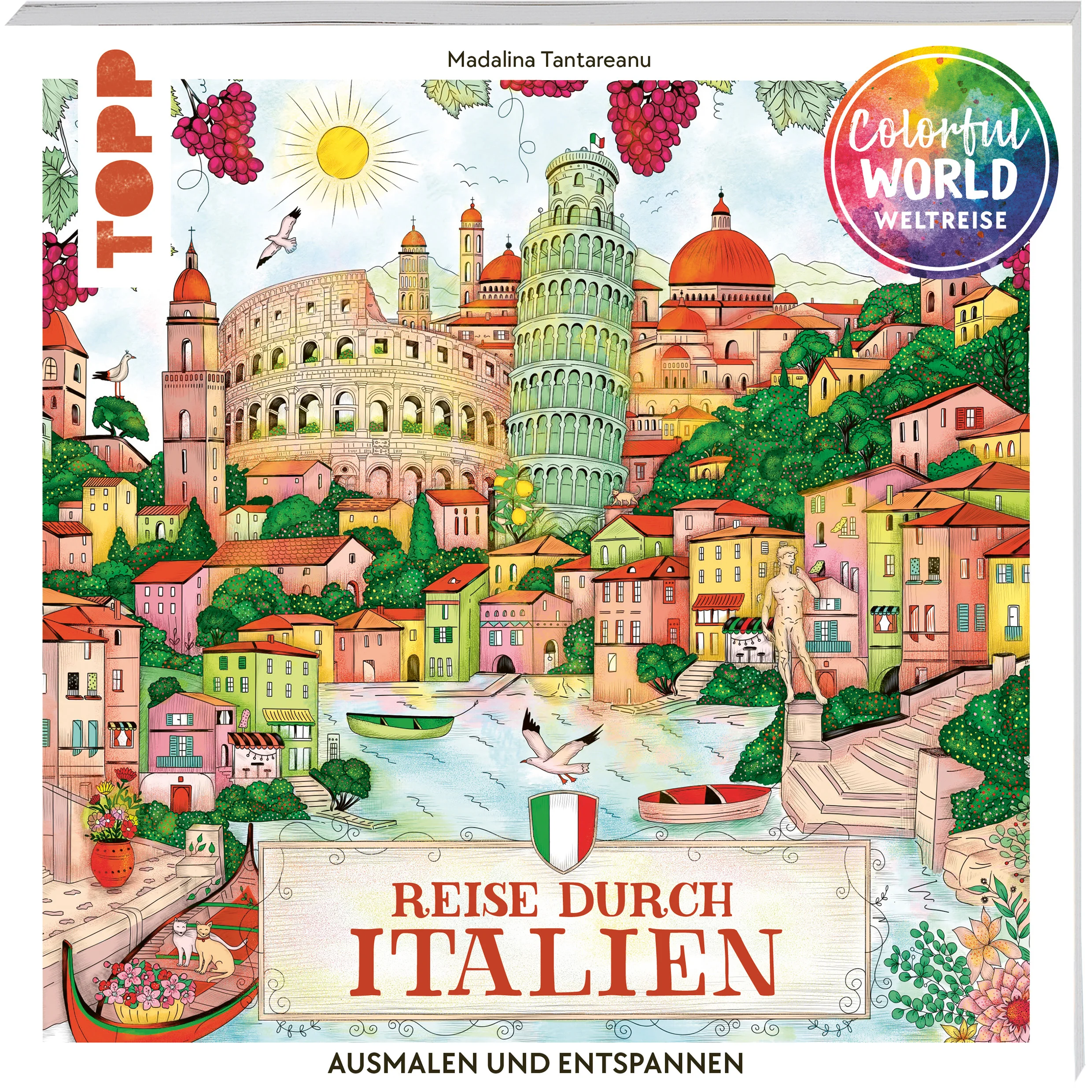 Bella Italia! Der zweite Band der mit Spiegel-Bestseller ausgezeichneten Reihe Colorful World Weltreise zaubert dir die Sonnenstrahlen Italiens auf die Haut und den Duft von Pizza in die Nase. Illustratorin und Künstlerin Madalina Tantareanu hat für dich über 40 exklusive Ausmalmotive entworfen - von den beeindruckenden Wasserstraßen Venedigs zum ehrwürdigen Kolosseum nach Rom. Begib dich auf eine bunte Reise und entdecke die Vielfalt Italiens. Den stimmungsvoll gestalteten Ausmalmotiven gegenübergestellt findest du ausgewählte Facts zu den Orten und dem italienischen Leben. Zur Unterstützung bietet der umfangreiche Grundlagenteil hilfreiche Tipps & Tricks zur Farbenlehre, Farbwirkung und zum Gebrauch von unterschiedlichen Materialien.Pack deinen Buntstift-Koffer und komm mit nach Italien!Die Reihe Colorful World Weltreise steht für hochwertige Ausmalbücher:Stimmungsvolle und vielfältige AusmalmotiveInteressante Fakten begleiten die AusmalreiseGrundlagenteil zu Farbtheorie und Co. bietet einen einfachen EinstiegWertig verarbeitet: Dank besonderer Bindung bleibt das Buch problemlos aufgeschlagen liegenFestes Papier verhindert Durchdrücken auf die nächste SeiteEin tolles Geschenk für dich und deine LiebstenWeitere Ausmalbücher der Reihe:Colorful World Weltreise - Reise um die WeltColorful World Weltreise - Reise durch die USAColorful World Weltreise - Reise durch SpanienColorful World Weltreise - Die große Weltreise