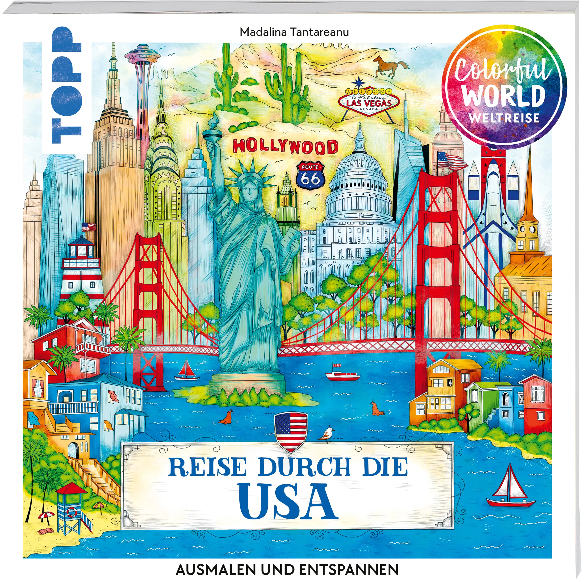 Aufregende Städte, faszinierende Natur und endlose Weiten: Entdecke mit dem dritten Band der mit Spiegel-Bestseller ausgezeichneten Reihe Colorful World Weltreise die Faszination der USA. Von Chicago nach Los Angeles, vom Empire State Building zum Grand Canyon: Die Illustratorin und Künstlerin Madalina Tantareanu hat für diesen Band über 40 exklusive Ausmalmotive gezeichnet, die nun auf deine Buntstifte warten. Den stimmungsvoll gestalteten Ausmalmotiven gegenübergestellt findest du ausgewählte Facts zu den beliebten Reisezielen und dem American Way of Life. Zur Unterstützung bietet der umfangreiche Grundlagenteil hilfreiche Tipps & Tricks zur Farbenlehre, Farbwirkung und zum Gebrauch von unterschiedlichen Materialien.Pack deinen Buntstift-Koffer und komm mit!Die Reihe Colorful World Weltreise steht für hochwertige Ausmalbücher:Stimmungsvolle und vielfältige AusmalmotiveInteressante Fakten begleiten die AusmalreiseGrundlagenteil zu Farbtheorie und Co. bietet einen einfachen EinstiegWertig verarbeitet: Dank besonderer Bindung bleibt das Buch problemlos aufgeschlagen liegenFestes Papier verhindert Durchdrücken auf die nächste SeiteEin tolles Geschenk für dich und deine LiebstenWeitere Ausmalbücher der Reihe:Colorful World Weltreise - Reise um die WeltColorful World Weltreise - Reise durch ItalienColorful World Weltreise - Reise durch SpanienColorful World Weltreise - Die große Weltreise