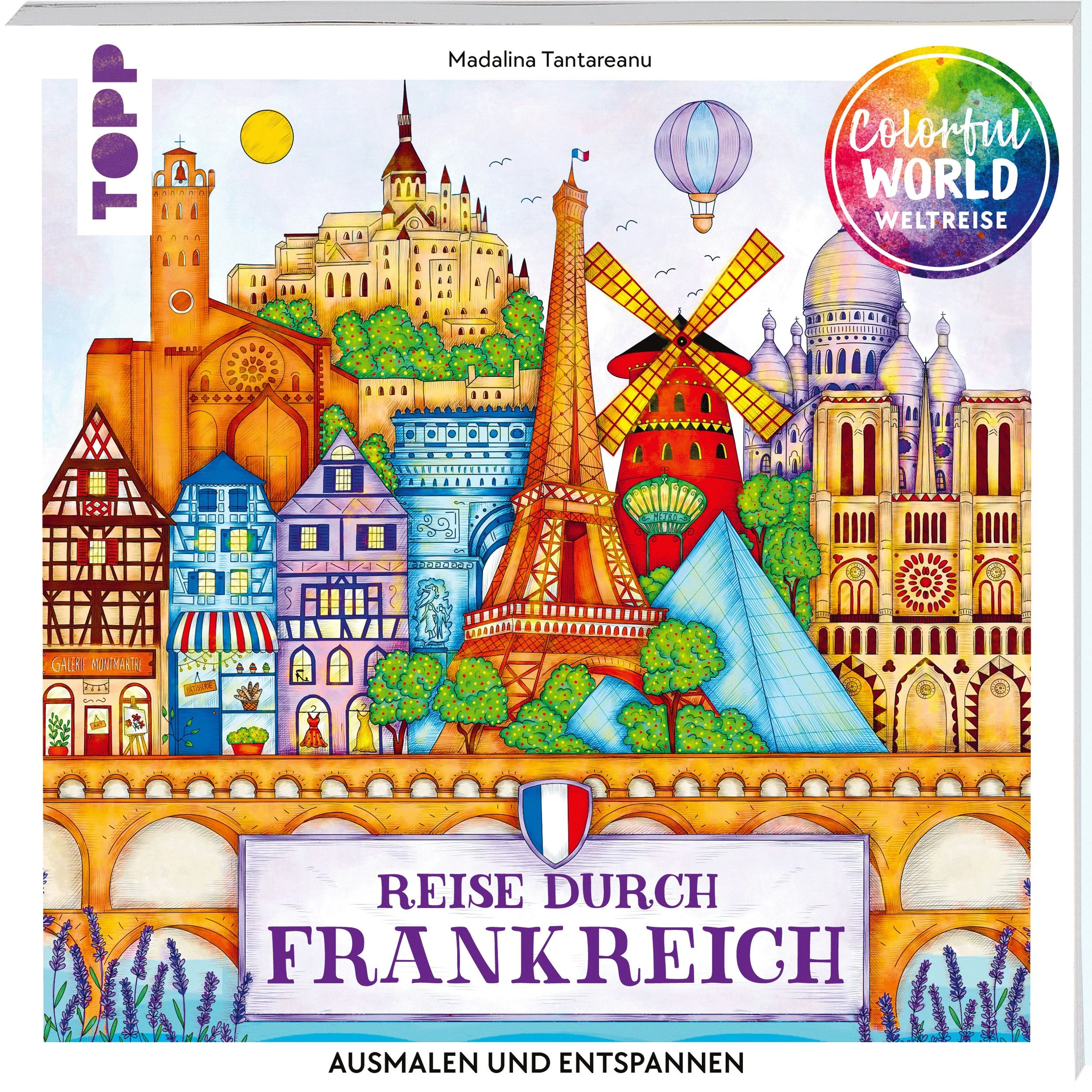 Pack deinen Buntstift-Koffer und entdecke Frankreich!Stell dir vor, du schlenderst früh am Morgen durch die verschlafenen Straßen von Paris, während die ersten Sonnenstrahlen sich im Fluss der Seine spiegeln. Spüre den intensiven Duft der Lavendelfelder, der mit der warmen Brise durch die Provence zieht. Lass dich am Ufer der Loire nieder und genieße ein Picknick umgeben von märchenhaften Schlössern…Der sechste Band der mit Spiegel-Bestseller ausgezeichneten Ausmalbuch-Reihe „Colorful World Weltreise” entführt dich ins zauberhafte Frankreich. Die erfolgreiche Illustratorin und Künstlerin Madalina Tantareanu hat dafür über 40 exklusive Ausmalmotive gezeichnet, die dich auf eine farbenfrohe Reise durch Frankreich führen.Deine Reise beginnt mit einem kurzen Grundlagenteil, der dich in die Geheimnisse der Farbenlehre einführt. Vom weichen Pastellrosa der blühenden Rosen in den prächtigen Gärten von Versailles bis zum intensiven Weinrot der Trauben in den Weinbergen von Bordeaux – finde für jedes Motiv deine perfekte Farbkombination. Den stimmungsvollen Ausmalmotiven gegenübergestellt findest du spannende Hintergrundinformationen, die dich noch weiter in die Szenen hineinziehen. Die Reihe „Colorful World Weltreise” steht für hochwertige Ausmalbücher:stimmungsvolle und vielfältige Ausmalmotiveinteressante Fakten begleiten deine Ausmalreisemit Grundlagenteil zu Farbtheorie und Co. für einen einfachen Einstiegfestes Papier verhindert Durchdrücken auf die nächste Seitedurch die hochwertige Bindung bleibt das Buch beim Ausmalen problemlos aufgeschlagenEin tolles Geschenk für dich und deine:n Liebste:n!Weitere Ausmalbücher der Reihe:Colorful World Weltreise - Reise um die WeltColorful World Weltreise - Reise durch DeutschlandColorful World Weltreise - Reise durch ItalienColorful World Weltreise - Reise durch SpanienColorful World Weltreise - Reise durch die USAColorful World Weltreise - Die große Weltreise