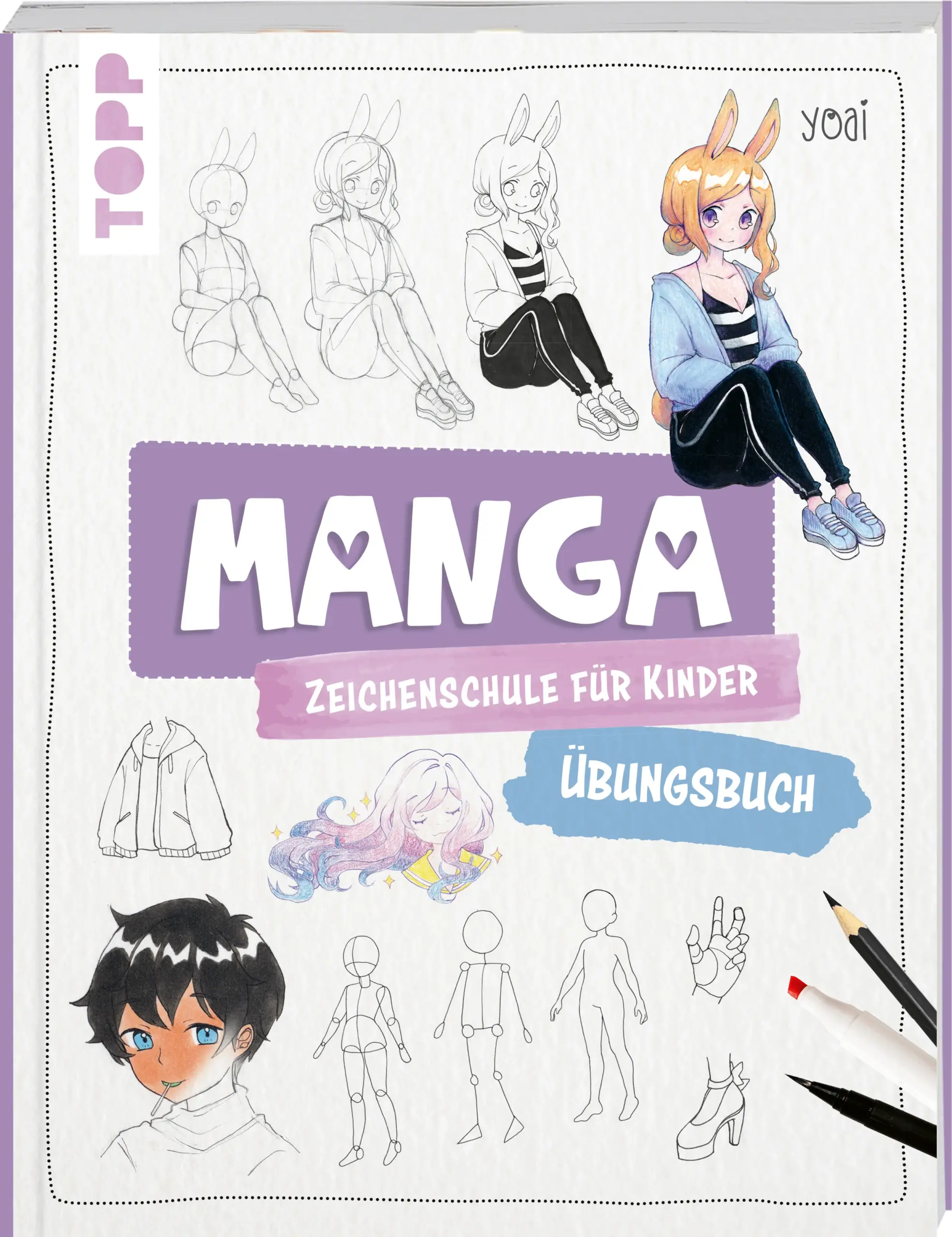 Übung für Übung zum Mangaexperte werden! Dieses Übungsbuch ist die perfekte Ergänzung zu der „Manga-Zeichenschule für Kinder“. Kinder ab 9 Jahren lernen mit gezielten Übungen verschiedenen Motive im Mangastil zu zeichnen. Vom normalen Bleistift, über Buntstifte, Tuschestifte, Copic Marker und Watercolor sind den Techniken keine Grenzen gesetzt. Das perfekte Buch für alle mangabegeisterten Zeichenkünstler:innen.