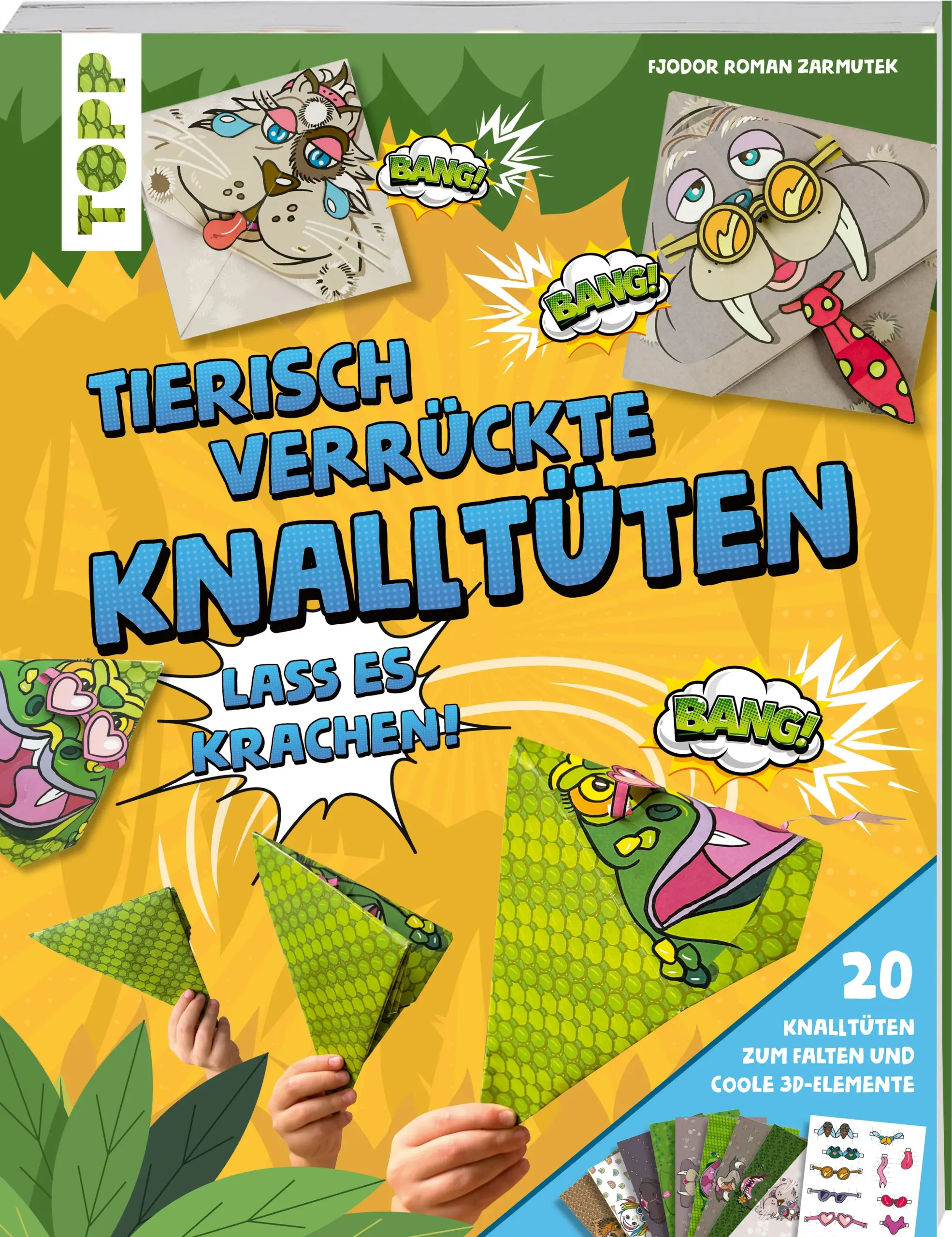 Mit 20 Faltpapieren in Tieroptik und einfacher Faltanleitung entsteht Papierspaß für die ganze Familie. Bei jedem Knall erscheint ein verrücktes Tiergesicht, das nach dem Falten noch mit Elementen der Bastelbogen verziert werden kann. Ein großer Spaß für alle ab 7 Jahren.