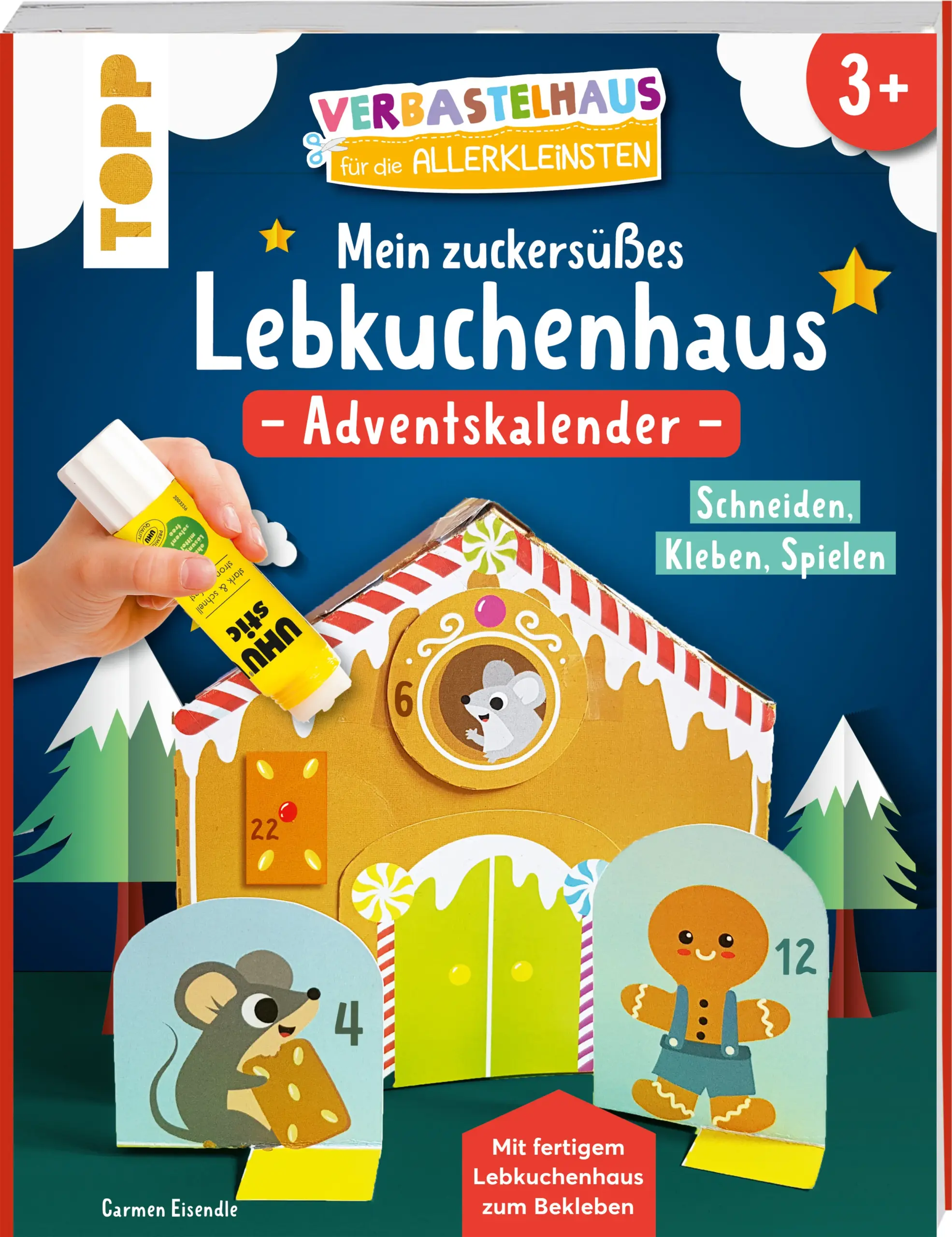 Adventskalender-Bastelspaß: Kinder ab 3 Jahren können das beiliegende Verbastelhaus aufklappen und bekleben. So entsteht Tag für Tag ein individuell gestaltetes Lebkuchenhaus, das nachhaltig als Spielhaus genutzt werden kann. Kleine Figuren wie Weihnachtsmaus, Lebkuchenmann und Schlitten laden zusätzlich zum Spielen ein. Nebenbei werden Motorik, Konzentration und Kreativität der Kinder gefördert. Basteln kann so einfach sein!