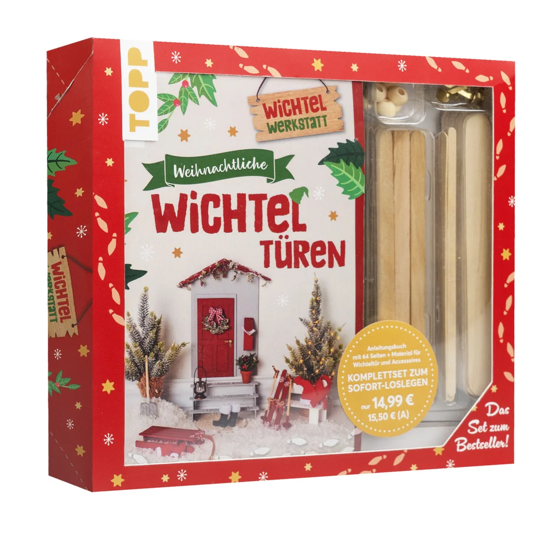 Das Set zum Bestseller: Lass‘ die frechen Weihnachtswichtel in dein Wohnzimmer und bastle ihnen eine Türe mit vielen kleinen Accessoires für süße Wichtelszenen. Mit diesem Set werden Wichtelträume wahr: Kleine und große Wichtelfans werden große Augen machen, denn dank Schablone und Kunstschnee können schnell und einfach Fußspuren im ganzen Haus gelegt werden. Das Material für 4-7 gebastelte Türen und passende Accessoires ist enthalten.Bastle dem Wichtel eine Wohlfühloase und genieße den wichteligen Weihnachtszauber mit der ganzen Familie.Inhalt:Anleitungsbuch (64 Seiten)50 Holzstäbchen in verschiedenen Größen10 HolzperlenPappe und BastelbögenKunstschneeFußspuren-Schablone