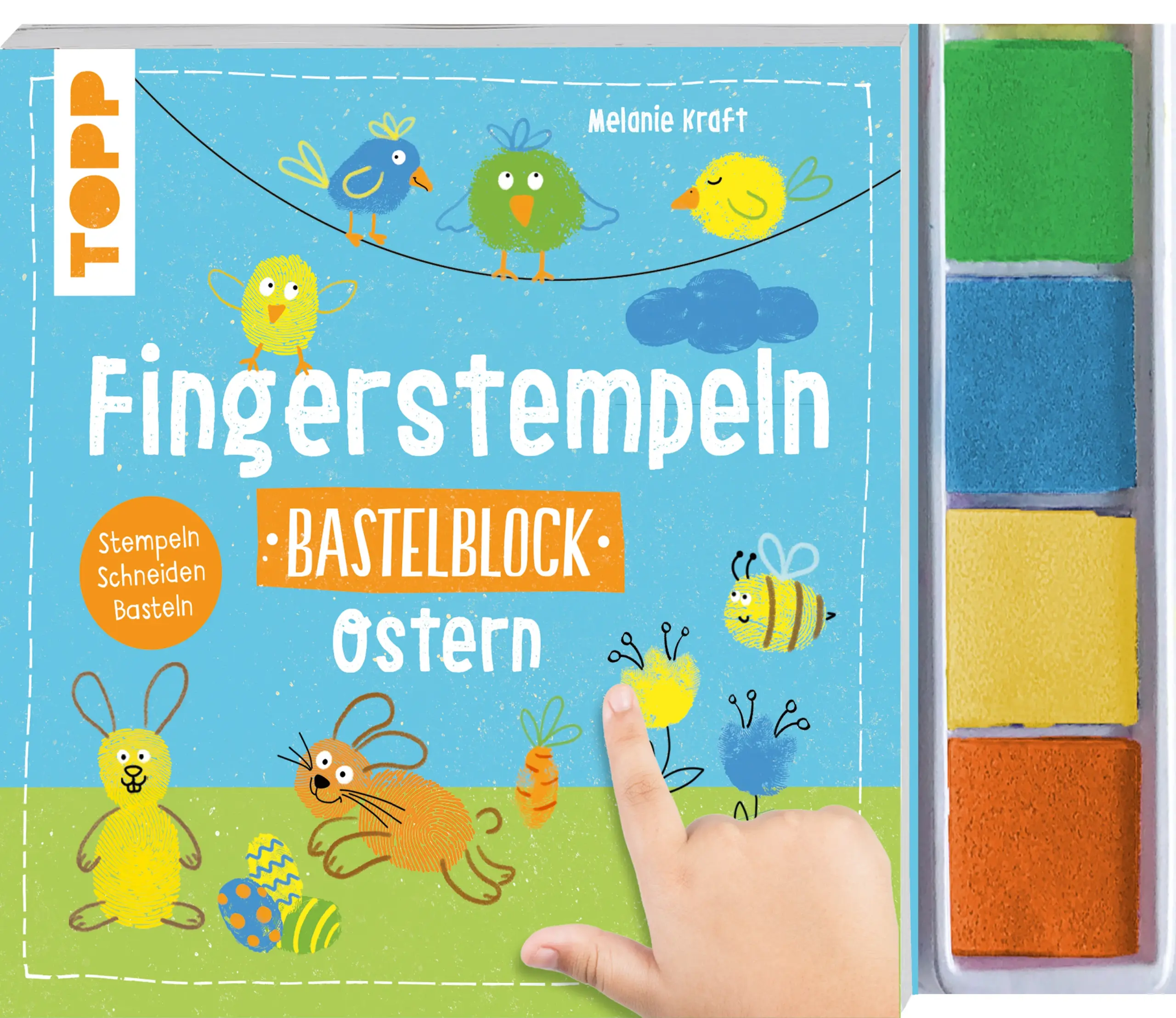 Hast du Lust auf bunte Oster-Stempelbilder?Mit diesem Block kannst du direkt loslegen, denn es ist alles dabei, was du zum Stempeln brauchst:vier Stempelfarben 🎨vorgezeichnete Motive zum Fertig-Stempeln 🖼Du brauchst nur noch Bunt- und Filzstifte ✍ sowie eine Schere ✂ und schon kannst du schnell und einfach Osterhasen 🐇, Küken 🐣 oder Ostereier 🥚 aufs Papier zaubern.Entscheide selbst, was du mit den fertigen Bildern machst:verschenken 🎁behalten 😉als Girlanden oder an den Osterstrauch hängen 🎉Ab 4 Jahren